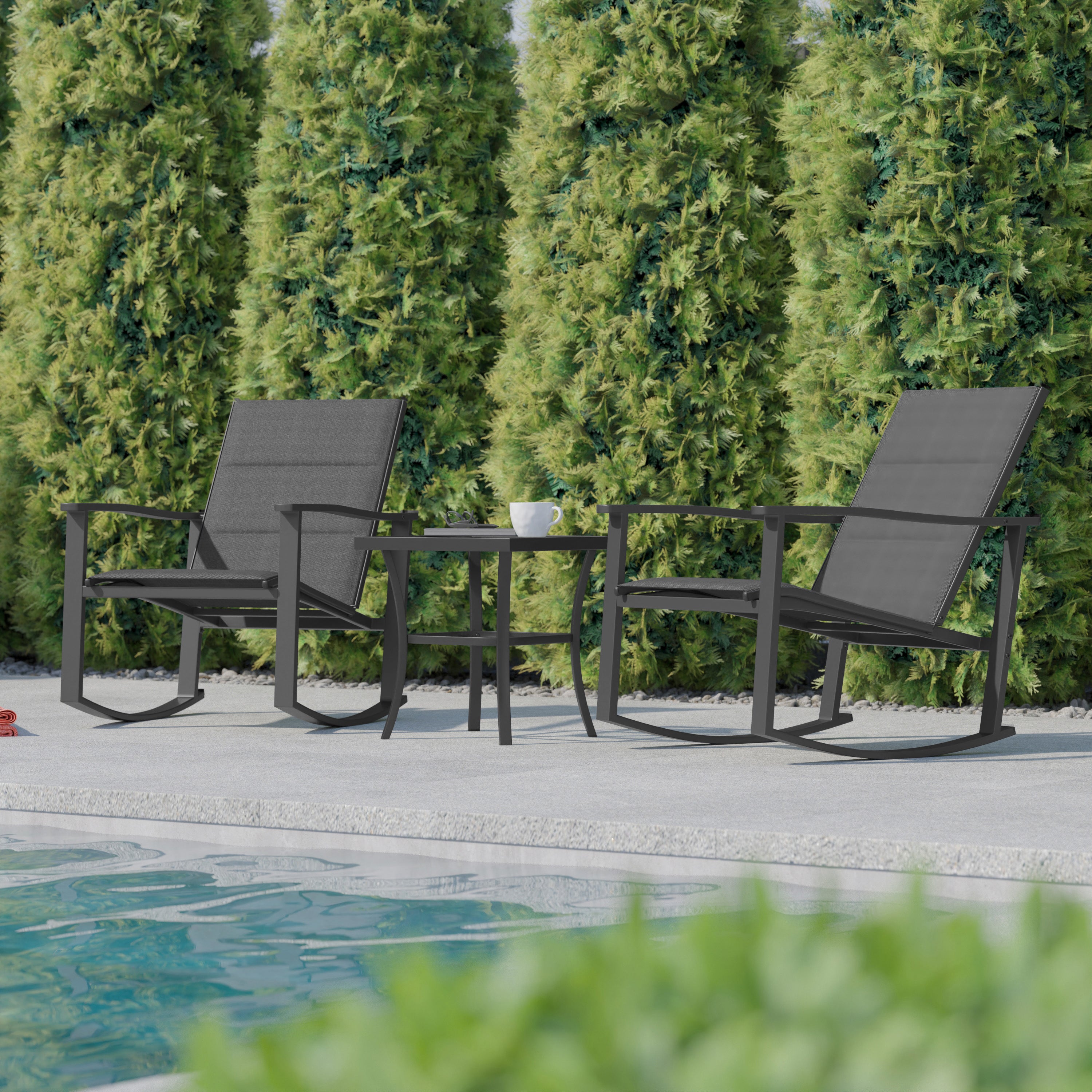 Brazos 3 Piece Outdoor Rocking Chair Bistro Set with Flex Comfort Material and Steel Framed Glass Top Table, Black/Black