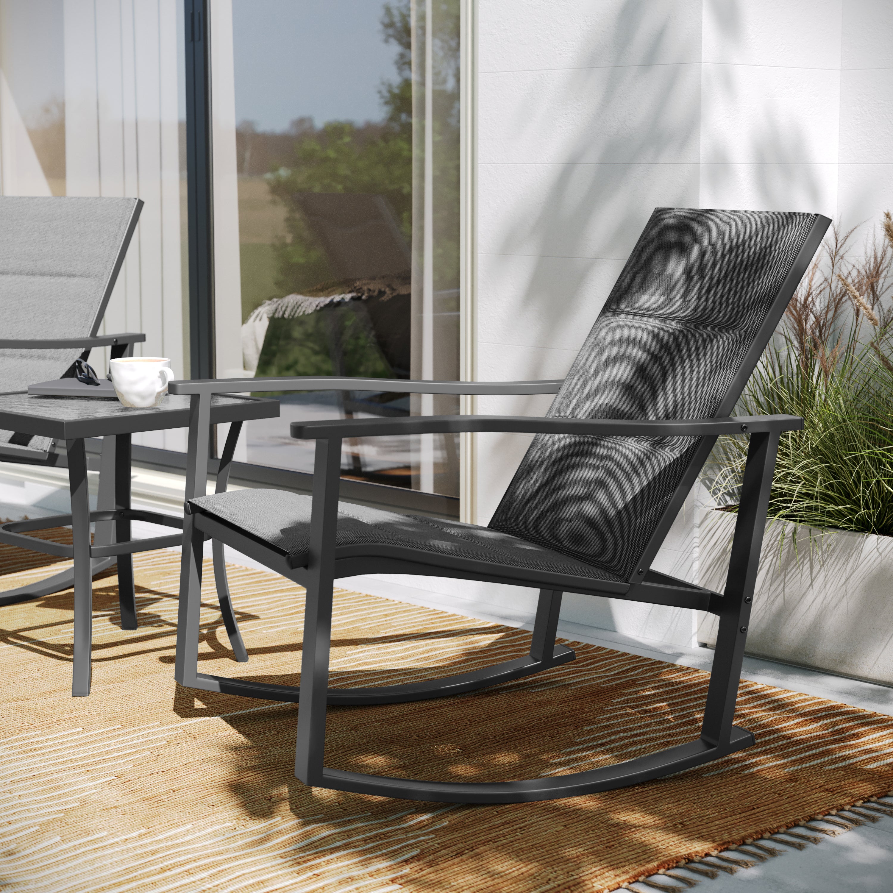 Brazos 3 Piece Outdoor Rocking Chair Bistro Set with Flex Comfort Material and Steel Framed Glass Top Table, Black/Black