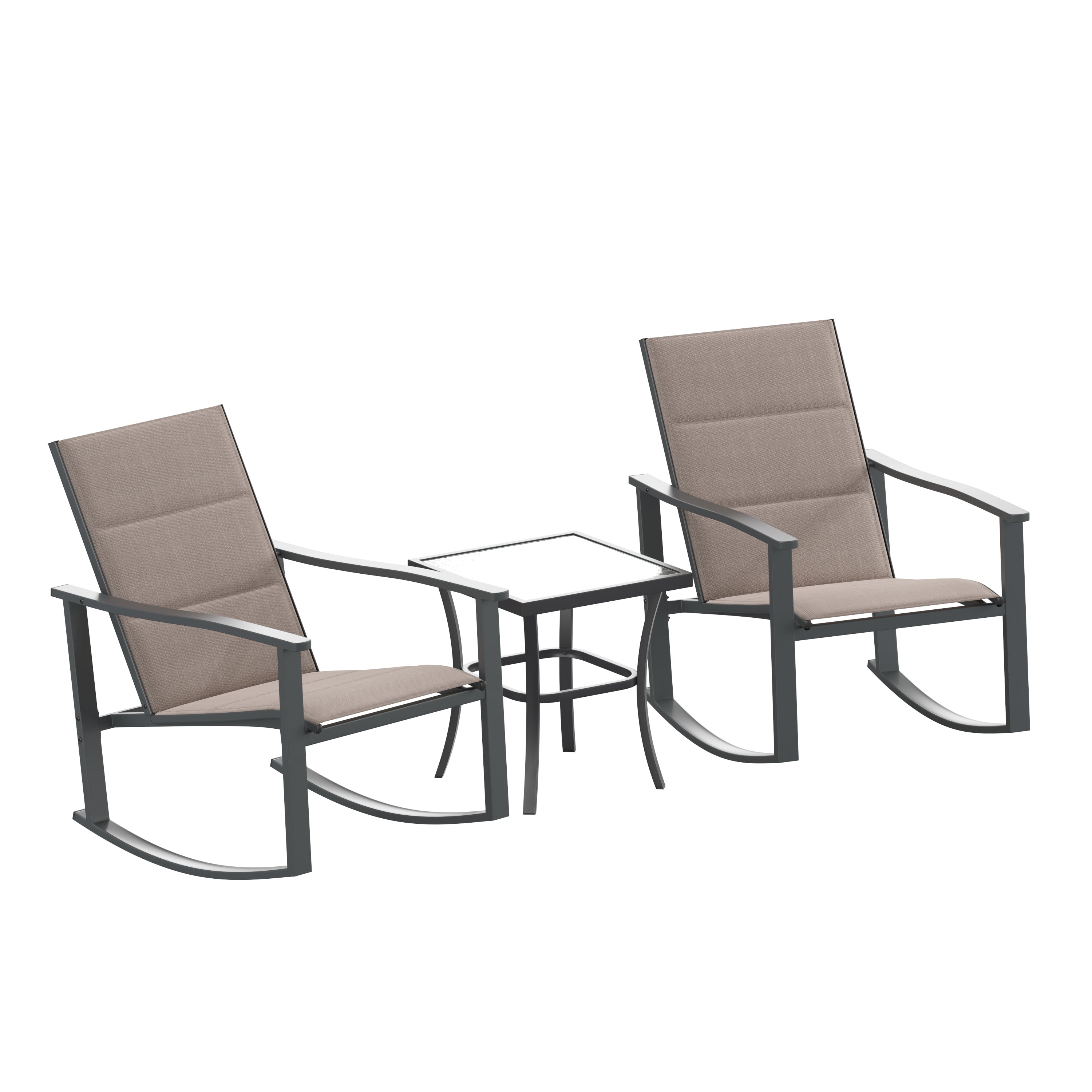 Brazos 3 Piece Outdoor Rocking Chair Bistro Set with Flex Comfort Material and Steel Framed Glass Top Table, Brown/Black