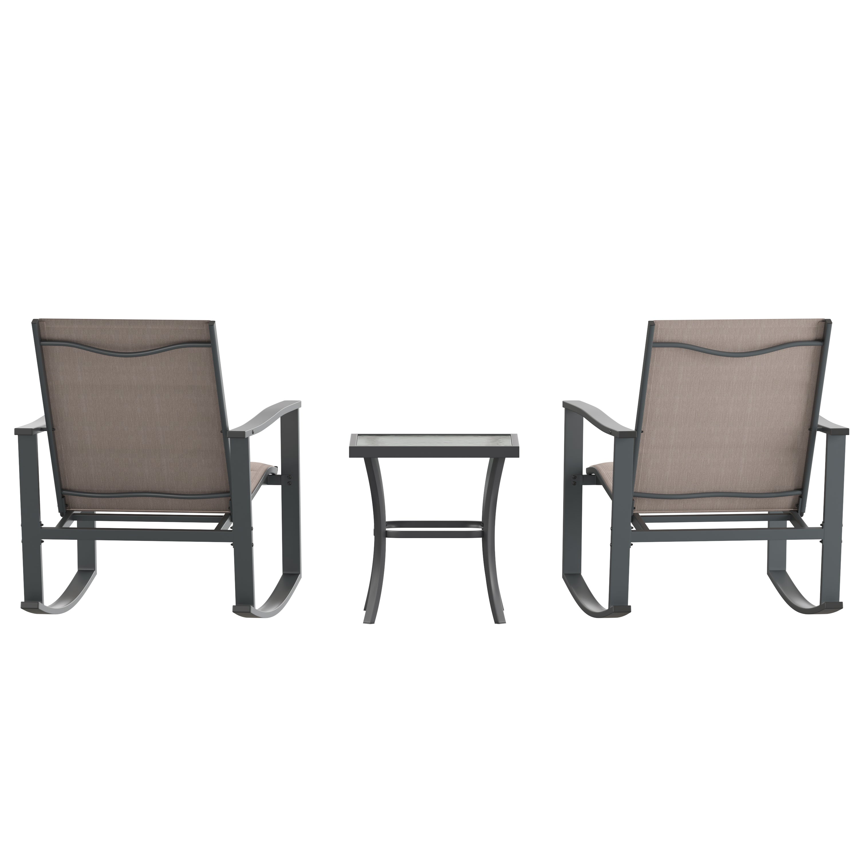 Brazos 3 Piece Outdoor Rocking Chair Bistro Set with Flex Comfort Material and Steel Framed Glass Top Table, Brown/Black