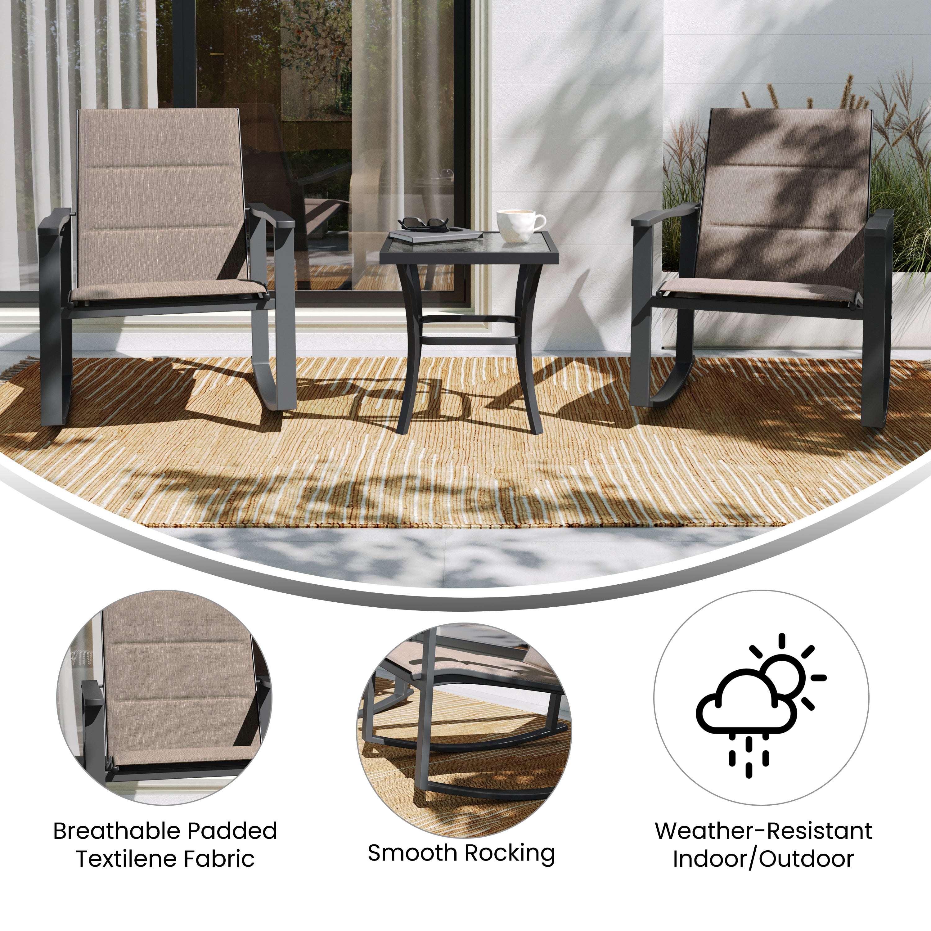 Brazos 3 Piece Outdoor Rocking Chair Bistro Set with Flex Comfort Material and Steel Framed Glass Top Table, Brown/Black