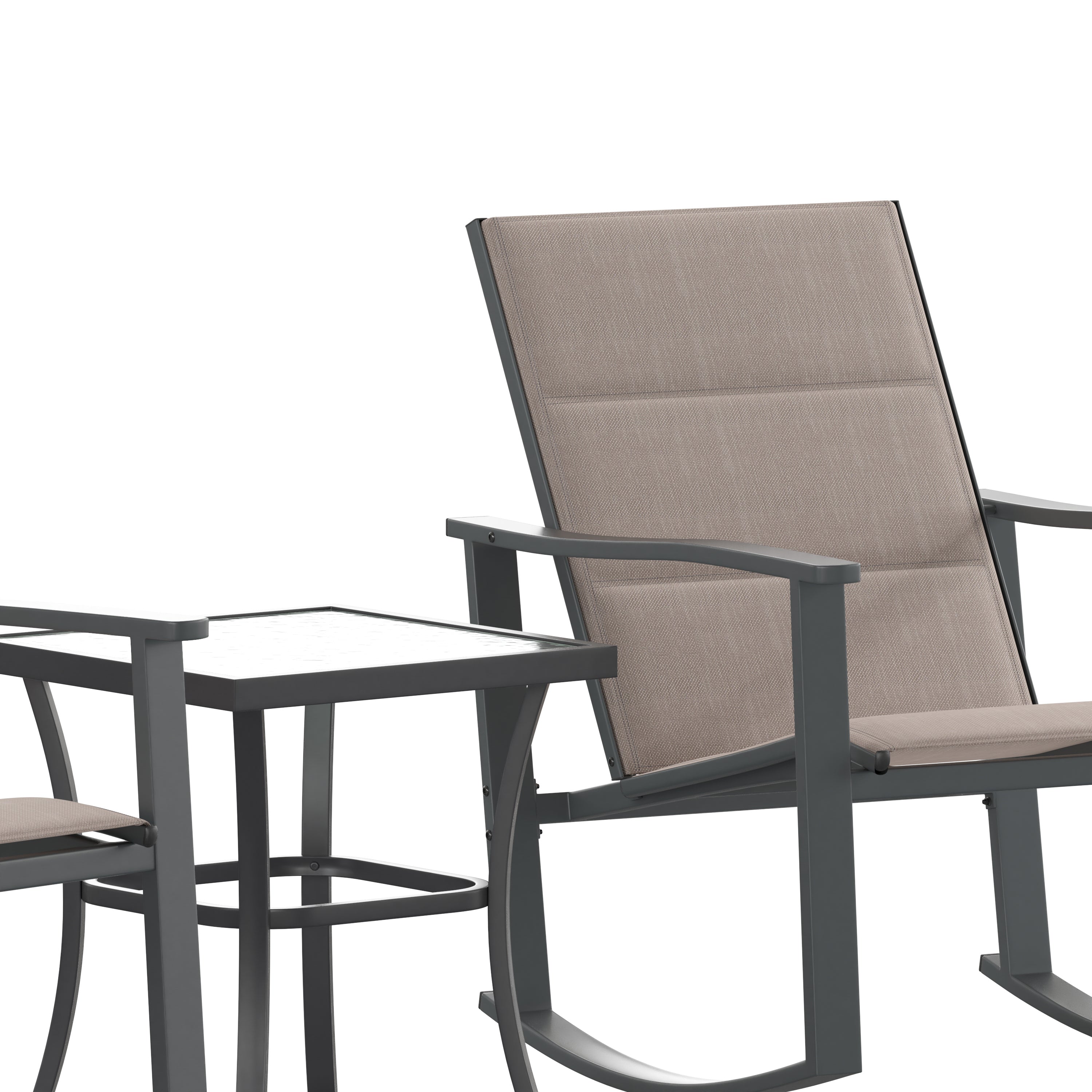 Brazos 3 Piece Outdoor Rocking Chair Bistro Set with Flex Comfort Material and Steel Framed Glass Top Table, Brown/Black