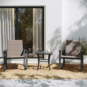 Brazos 3 Piece Outdoor Rocking Chair Bistro Set with Flex Comfort Material and Steel Framed Glass Top Table, Brown/Black