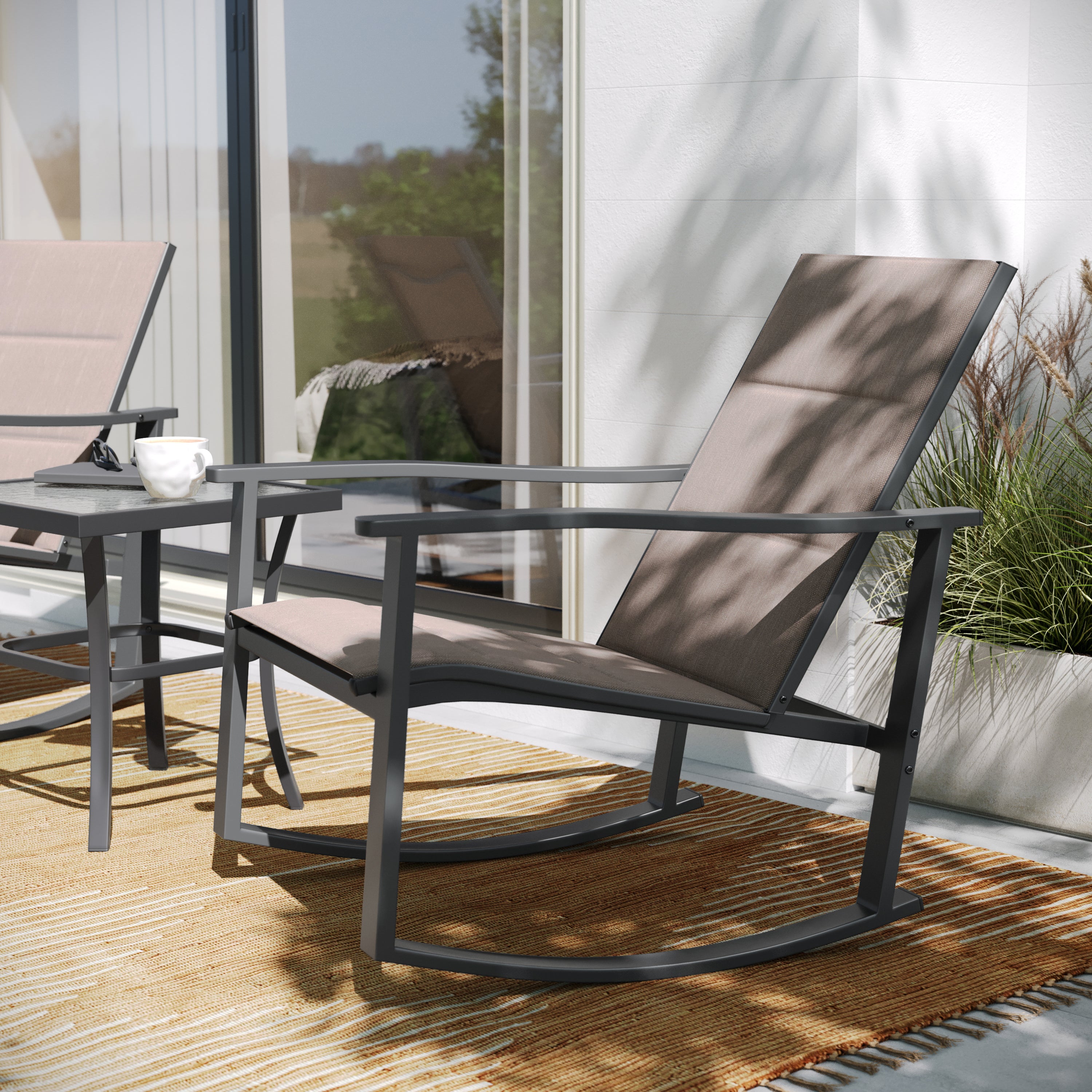 Brazos 3 Piece Outdoor Rocking Chair Bistro Set with Flex Comfort Material and Steel Framed Glass Top Table, Brown/Black