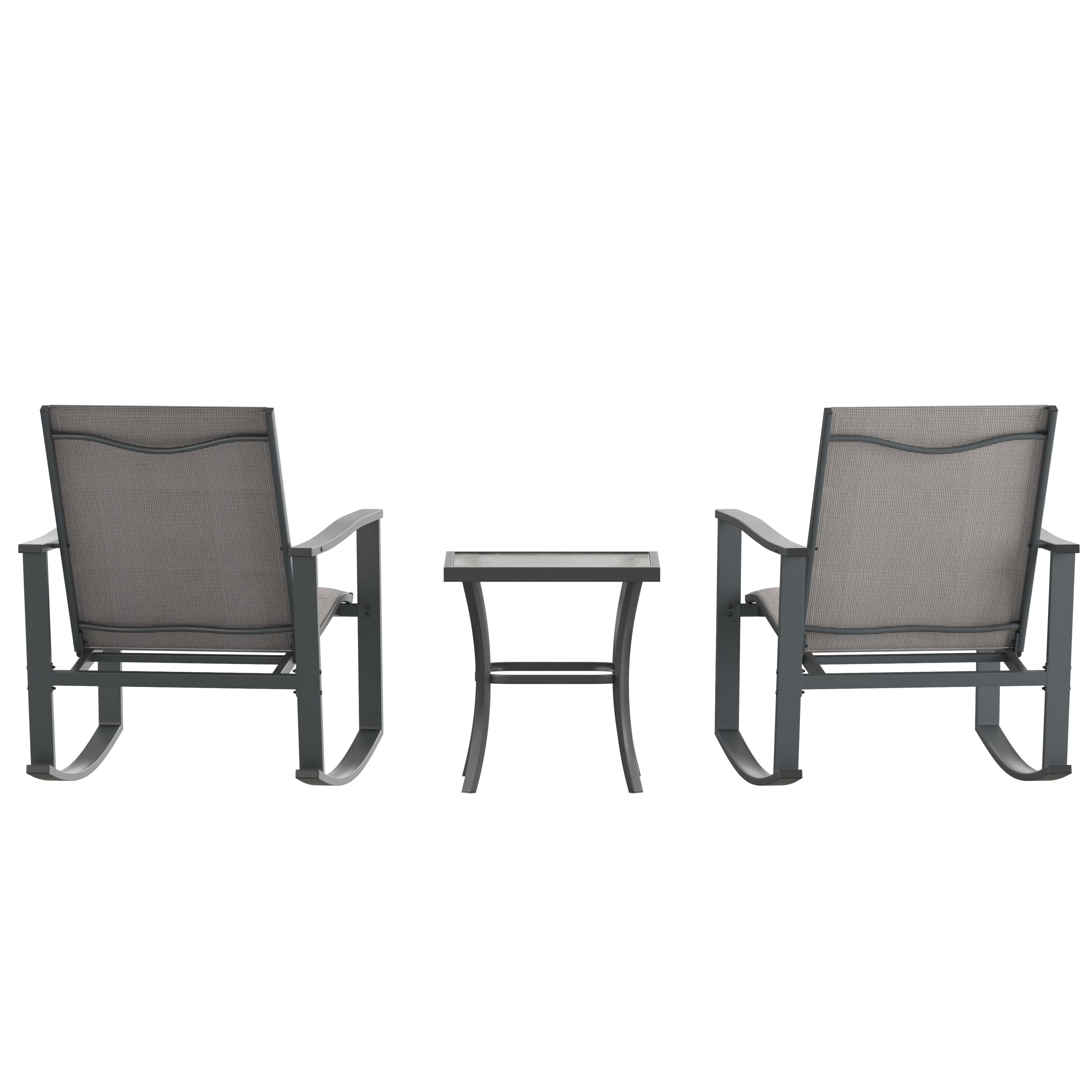 Brazos 3 Piece Outdoor Rocking Chair Bistro Set with Flex Comfort Material and Steel Framed Glass Top Table, Gray/Black