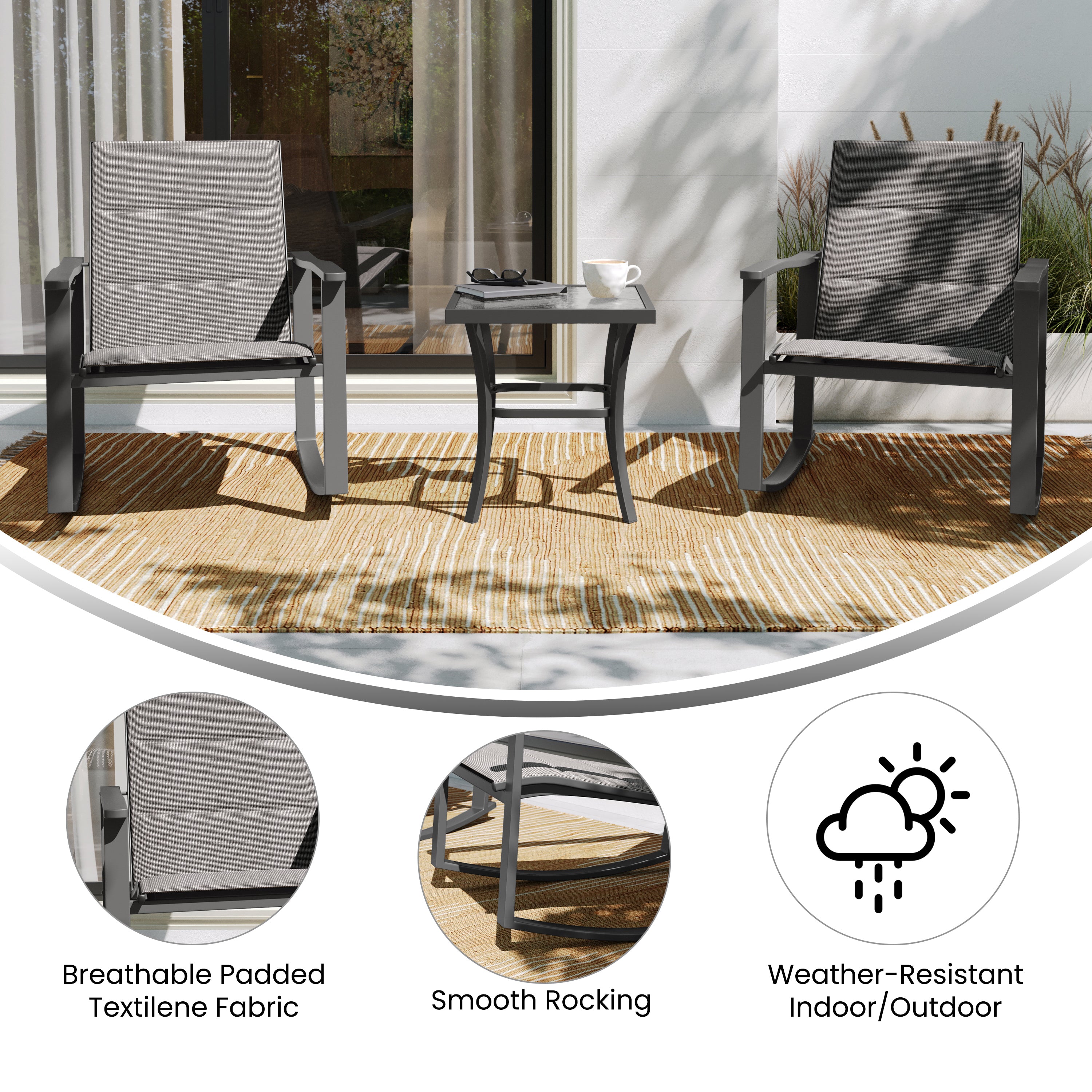 Brazos 3 Piece Outdoor Rocking Chair Bistro Set with Flex Comfort Material and Steel Framed Glass Top Table, Gray/Black