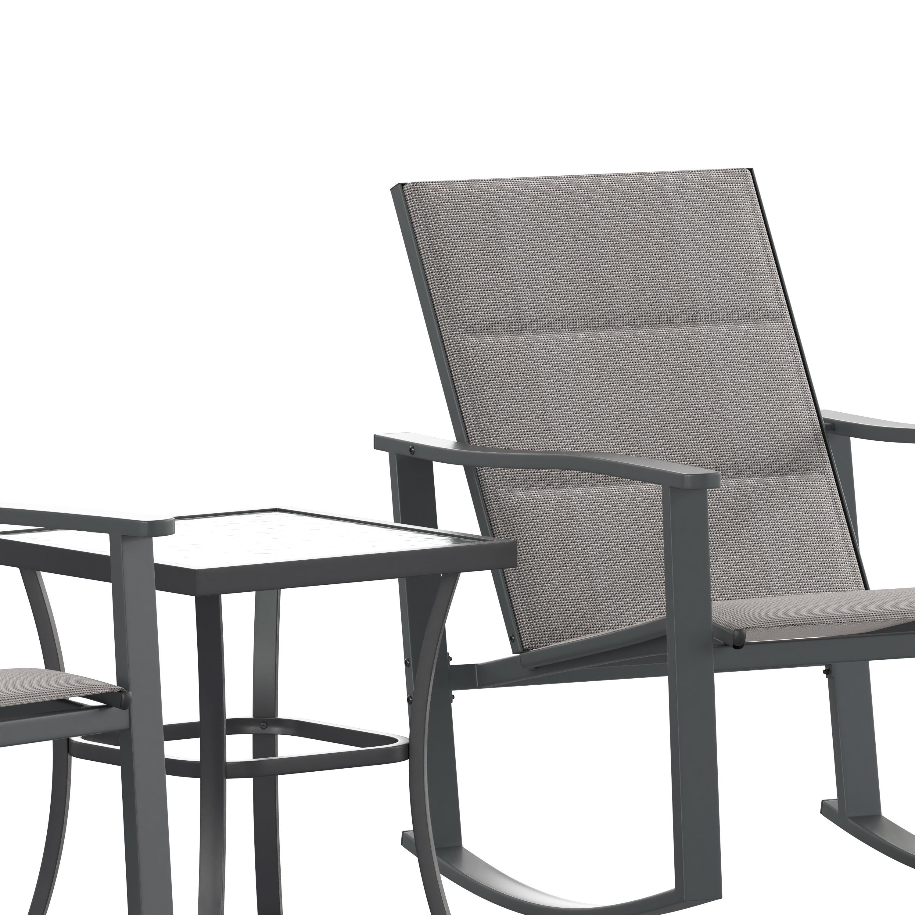 Brazos 3 Piece Outdoor Rocking Chair Bistro Set with Flex Comfort Material and Steel Framed Glass Top Table, Gray/Black