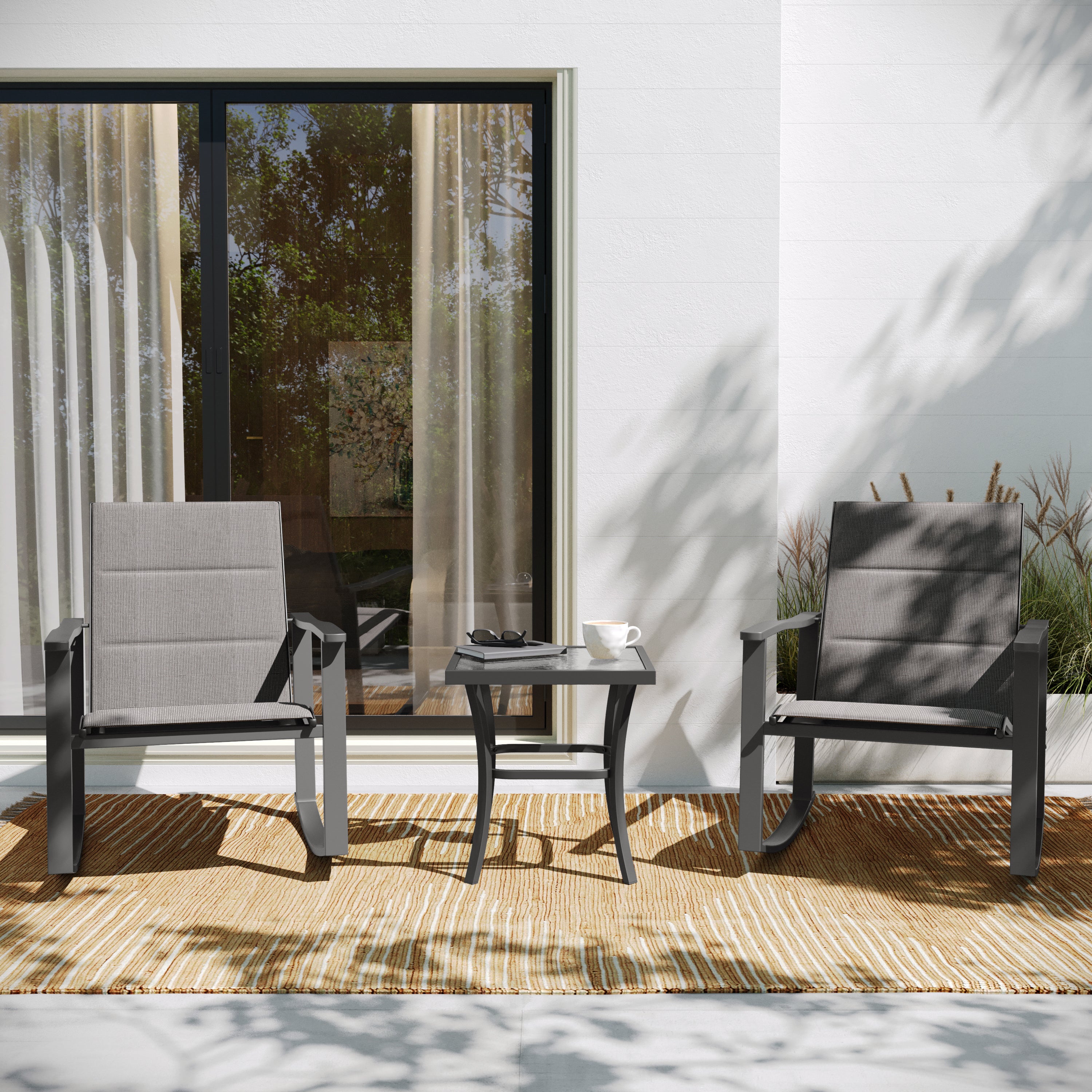 Brazos 3 Piece Outdoor Rocking Chair Bistro Set with Flex Comfort Material and Steel Framed Glass Top Table, Gray/Black