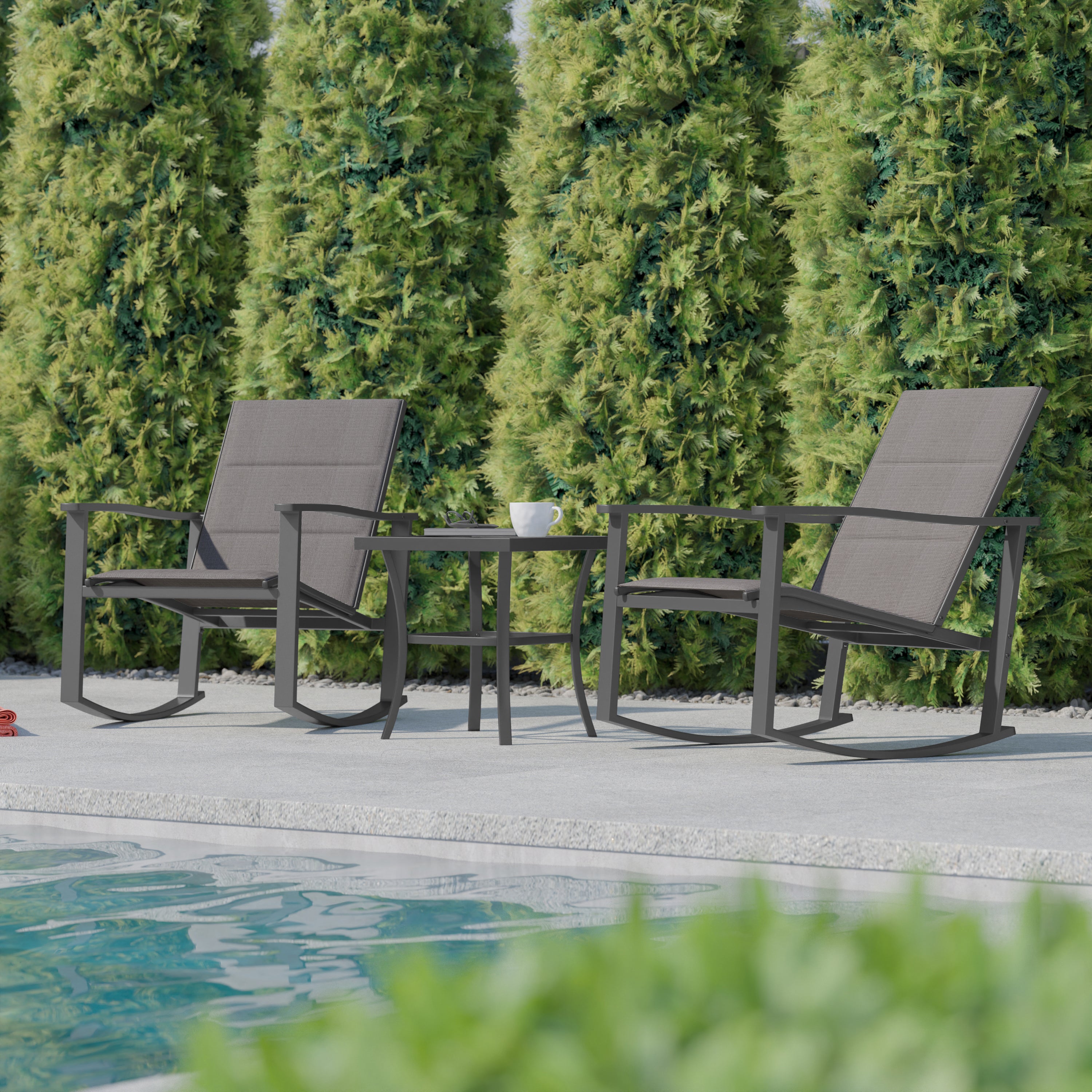 Brazos 3 Piece Outdoor Rocking Chair Bistro Set with Flex Comfort Material and Steel Framed Glass Top Table, Gray/Black
