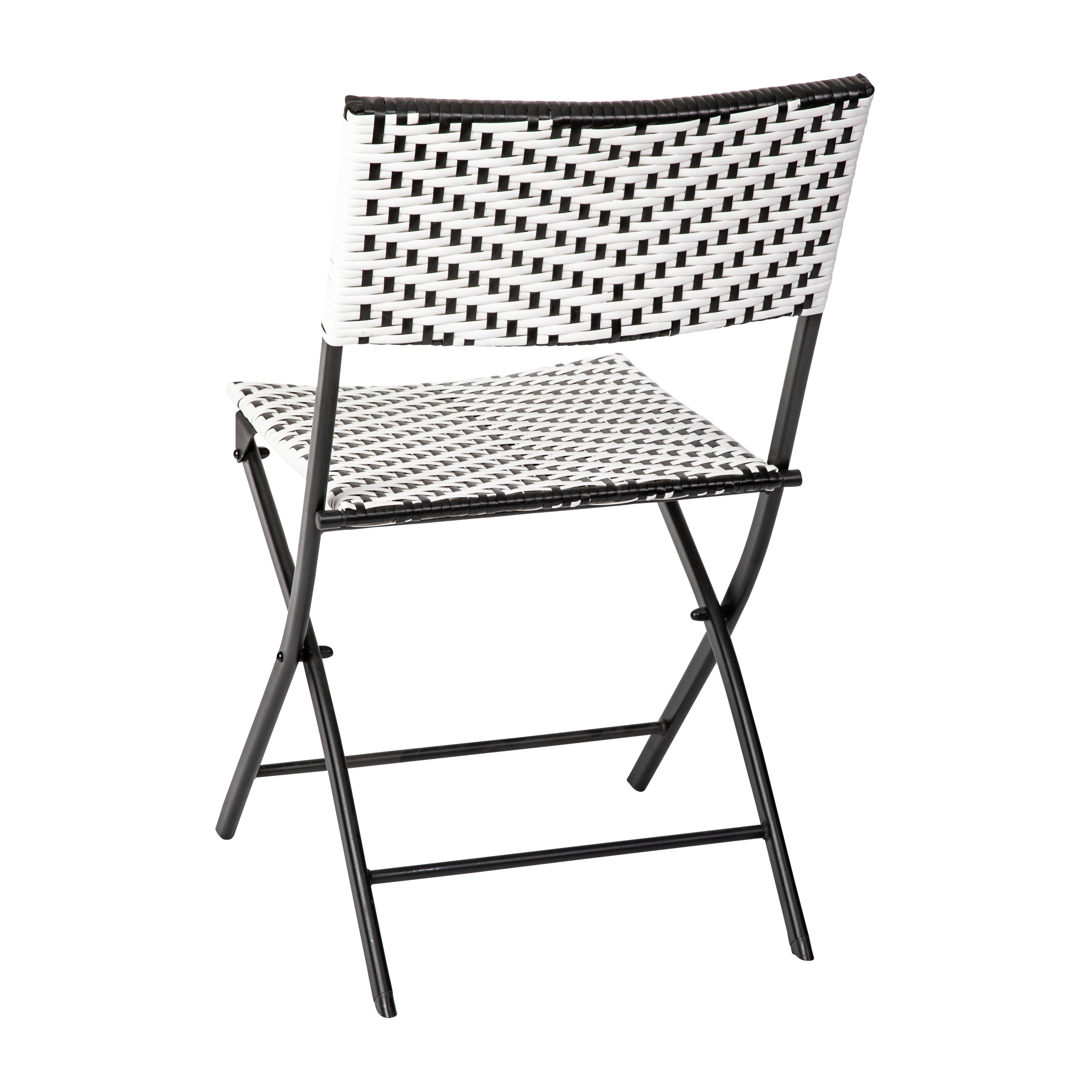 Rouen Three Piece Commercial Grade Foldable Bistro Set, Indoor/Outdoor PE Rattan Back, Seat and Table Top, Black/White with Black Steel Frames