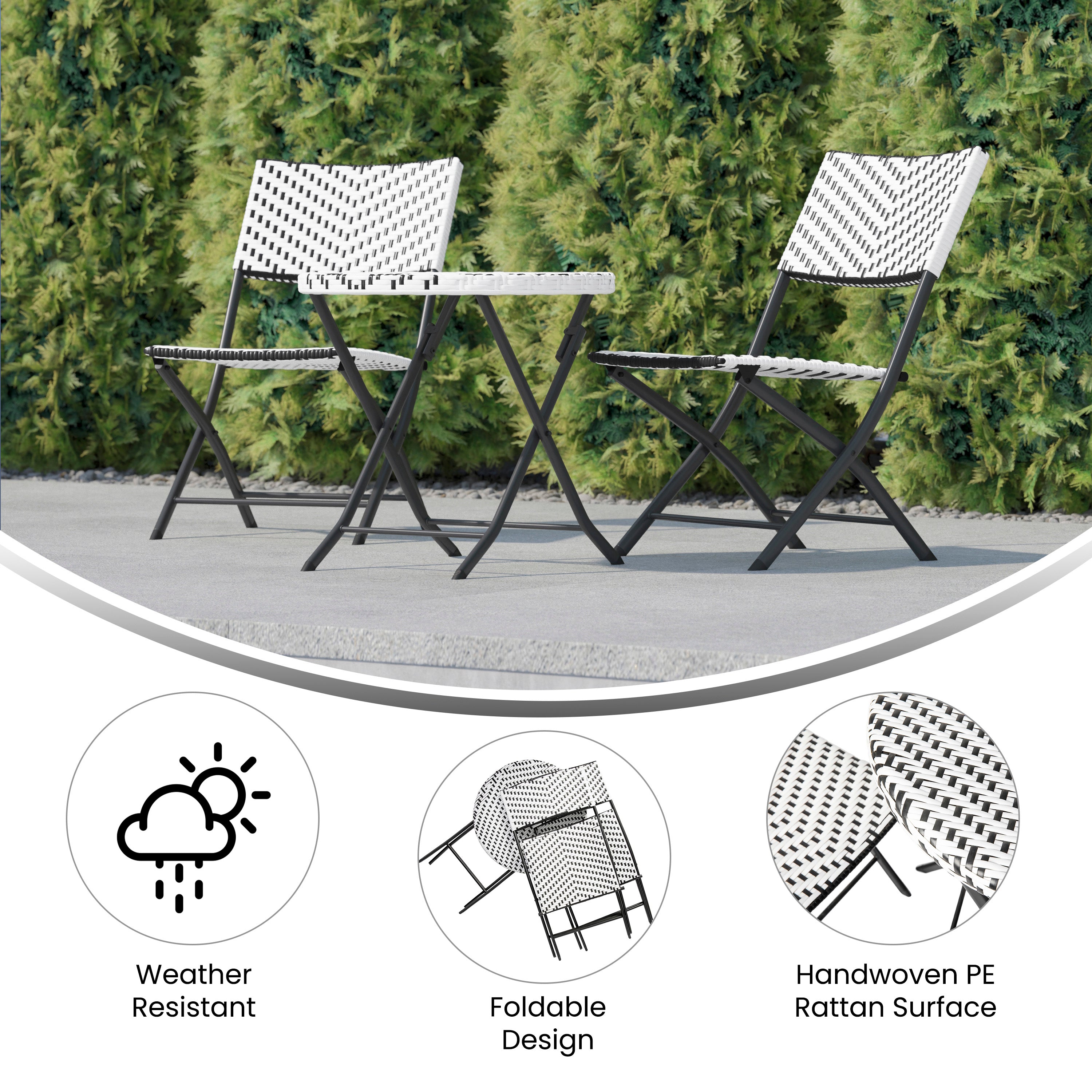 Rouen Three Piece Commercial Grade Foldable Bistro Set, Indoor/Outdoor PE Rattan Back, Seat and Table Top, Black/White with Black Steel Frames