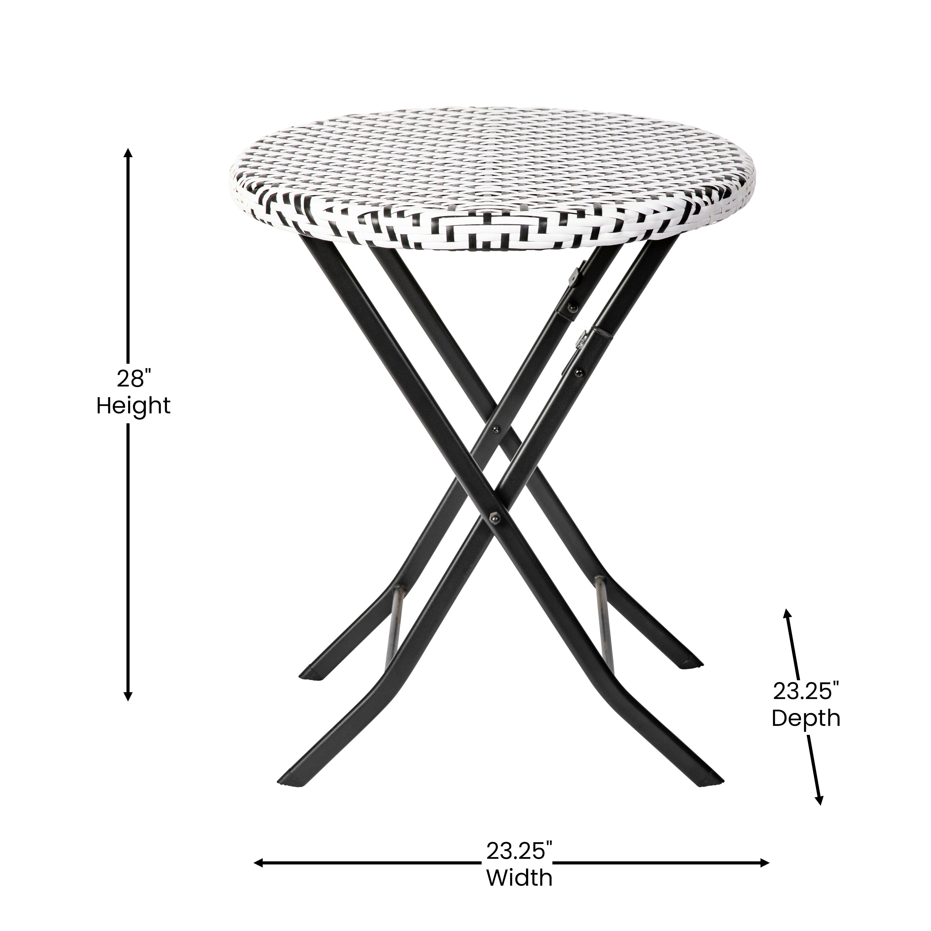 Rouen Three Piece Commercial Grade Foldable Bistro Set, Indoor/Outdoor PE Rattan Back, Seat and Table Top, Black/White with Black Steel Frames
