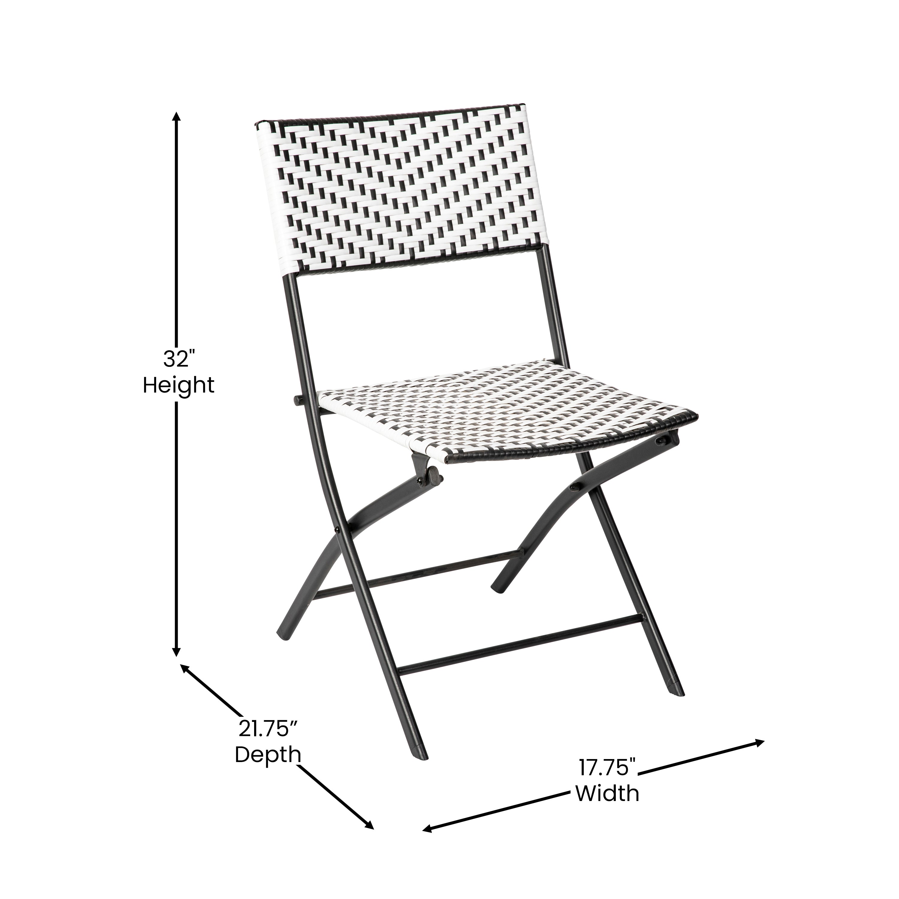 Rouen Three Piece Commercial Grade Foldable Bistro Set, Indoor/Outdoor PE Rattan Back, Seat and Table Top, Black/White with Black Steel Frames