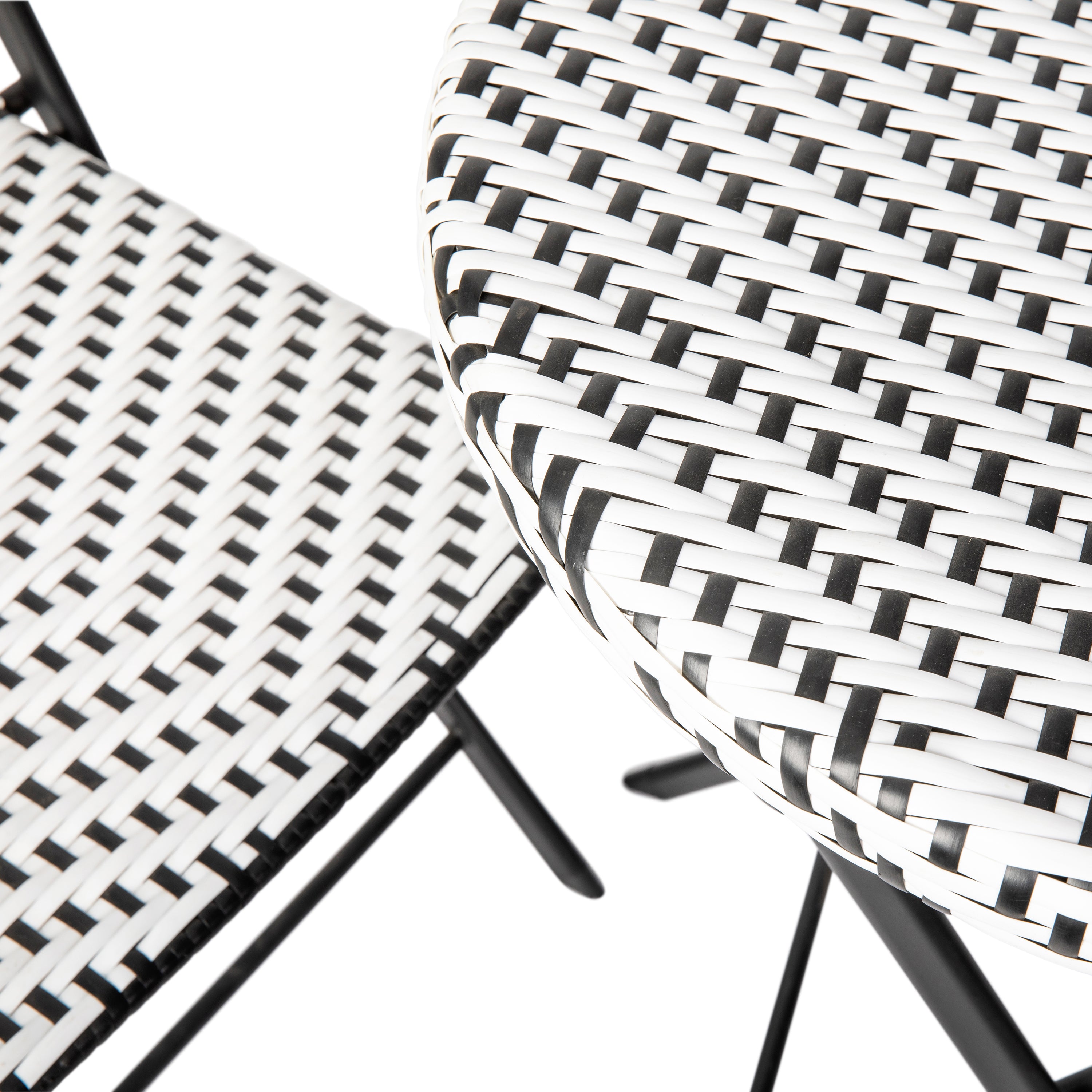 Rouen Three Piece Commercial Grade Foldable Bistro Set, Indoor/Outdoor PE Rattan Back, Seat and Table Top, Black/White with Black Steel Frames