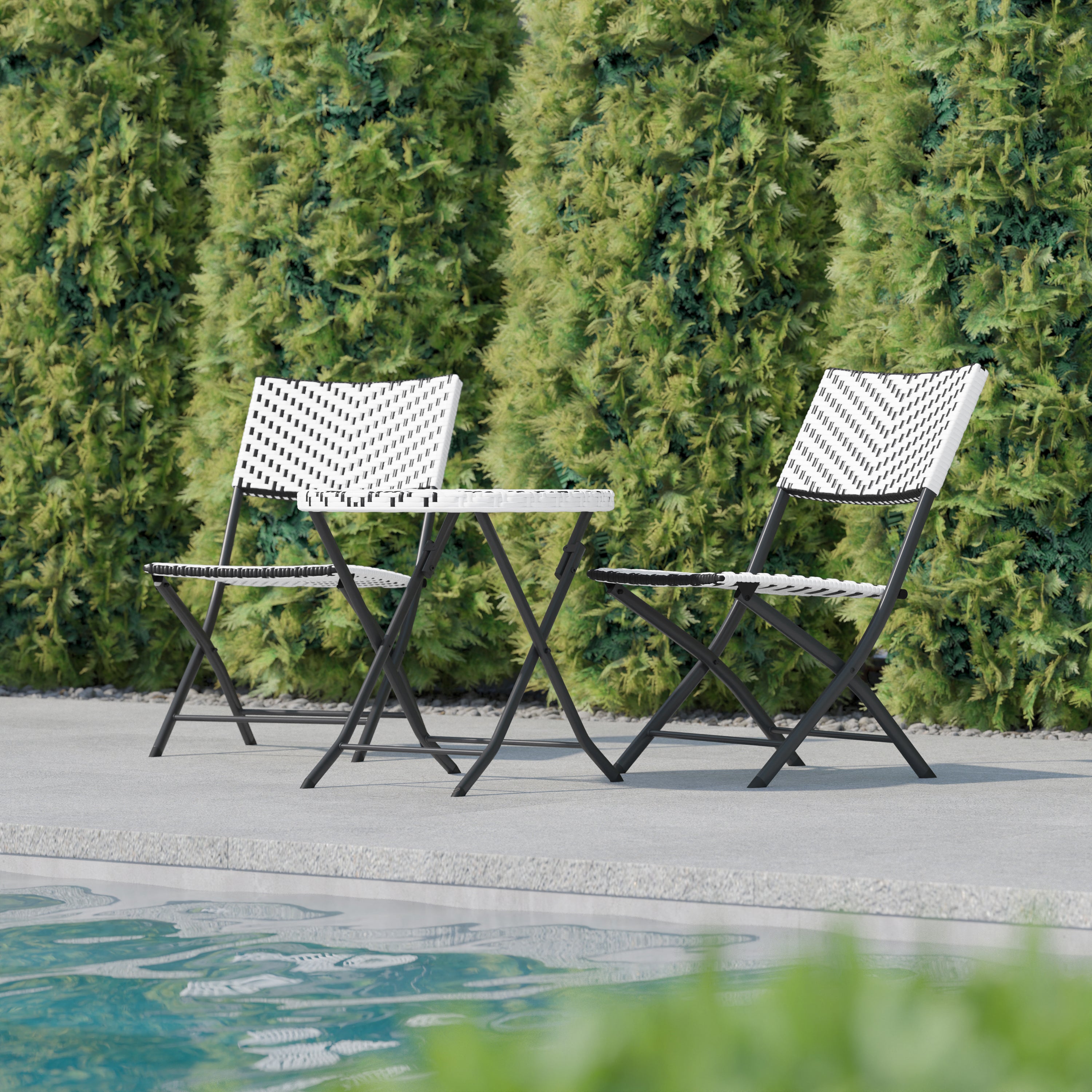 Rouen Three Piece Commercial Grade Foldable Bistro Set, Indoor/Outdoor PE Rattan Back, Seat and Table Top, Black/White with Black Steel Frames