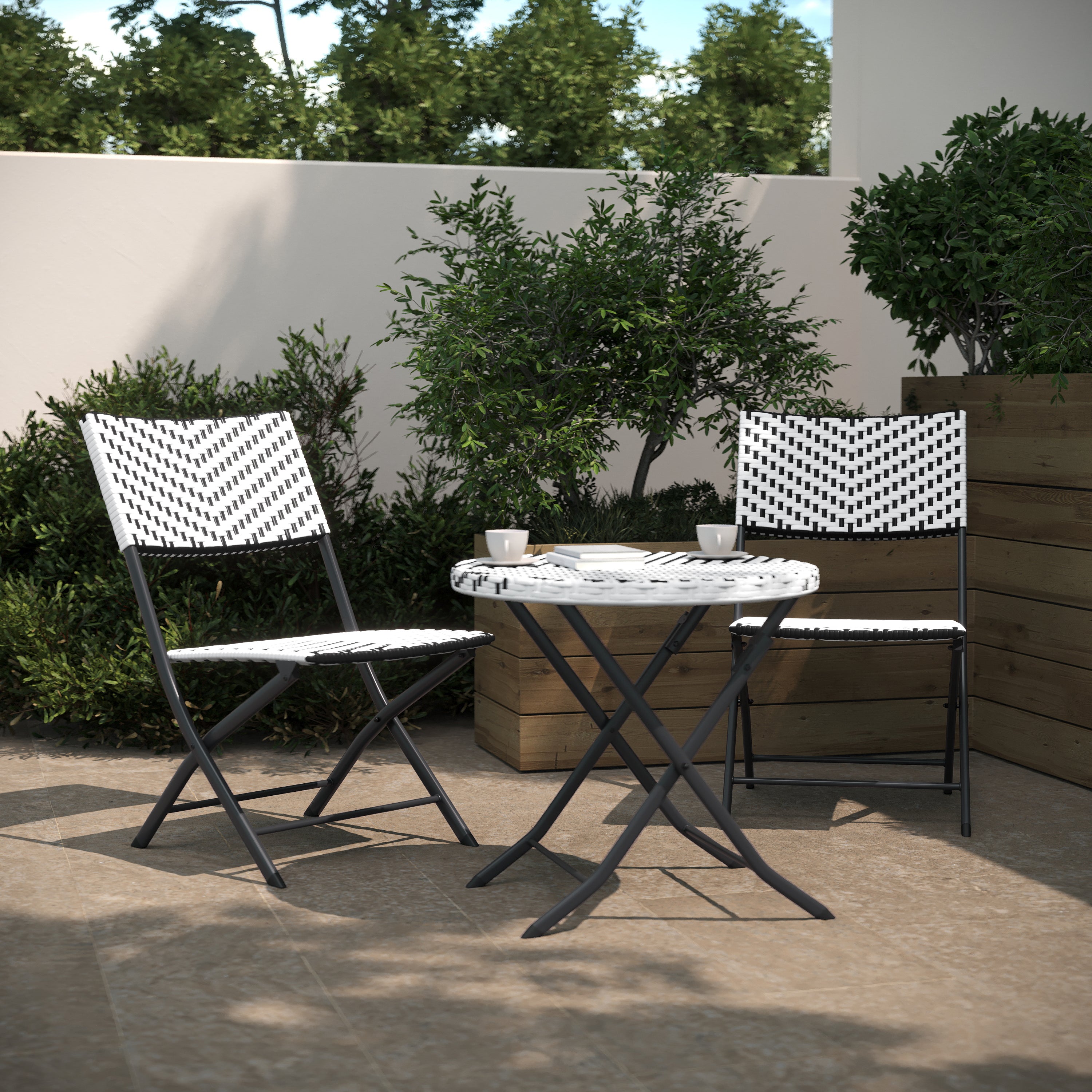 Rouen Three Piece Commercial Grade Foldable Bistro Set, Indoor/Outdoor PE Rattan Back, Seat and Table Top, Black/White with Black Steel Frames