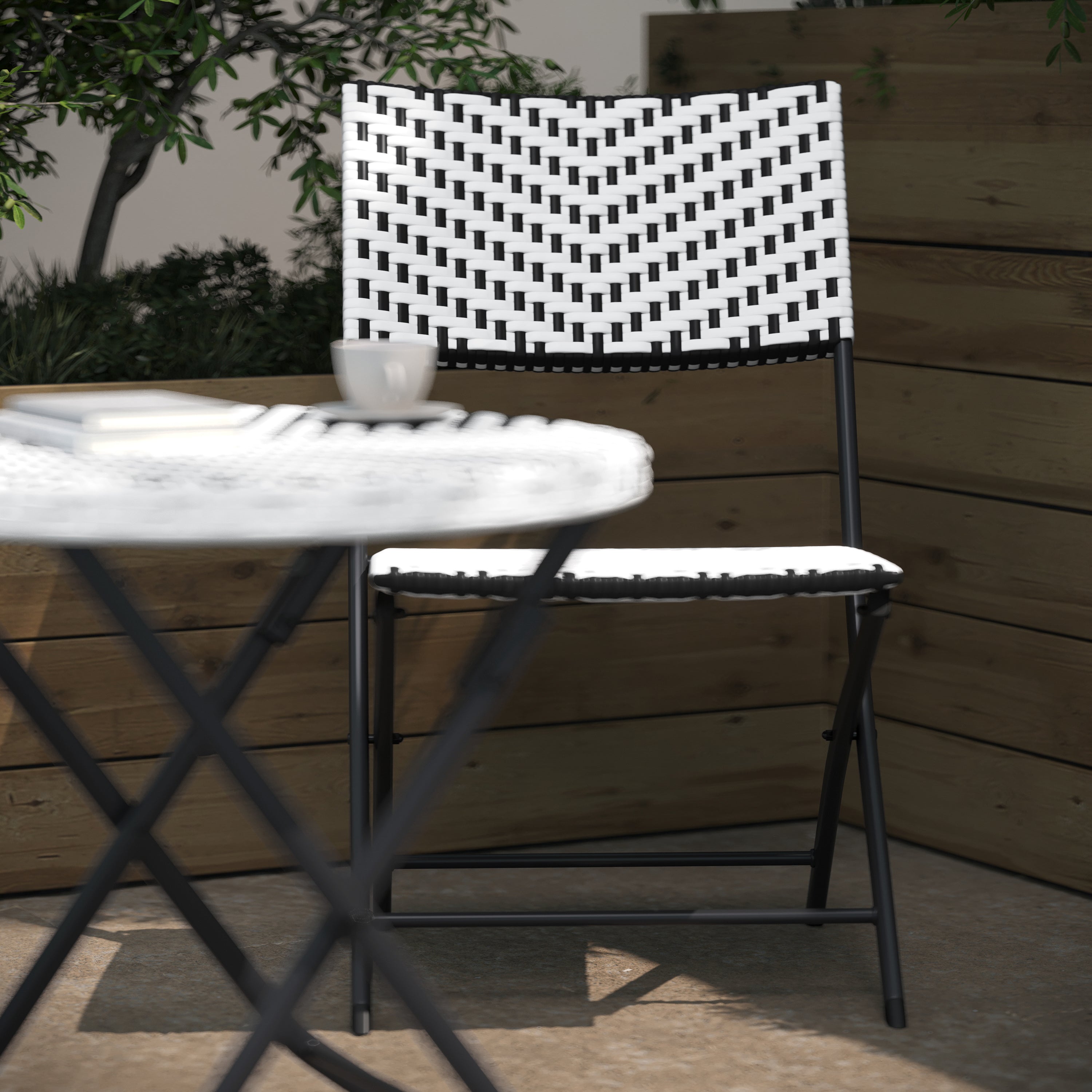 Rouen Three Piece Commercial Grade Foldable Bistro Set, Indoor/Outdoor PE Rattan Back, Seat and Table Top, Black/White with Black Steel Frames
