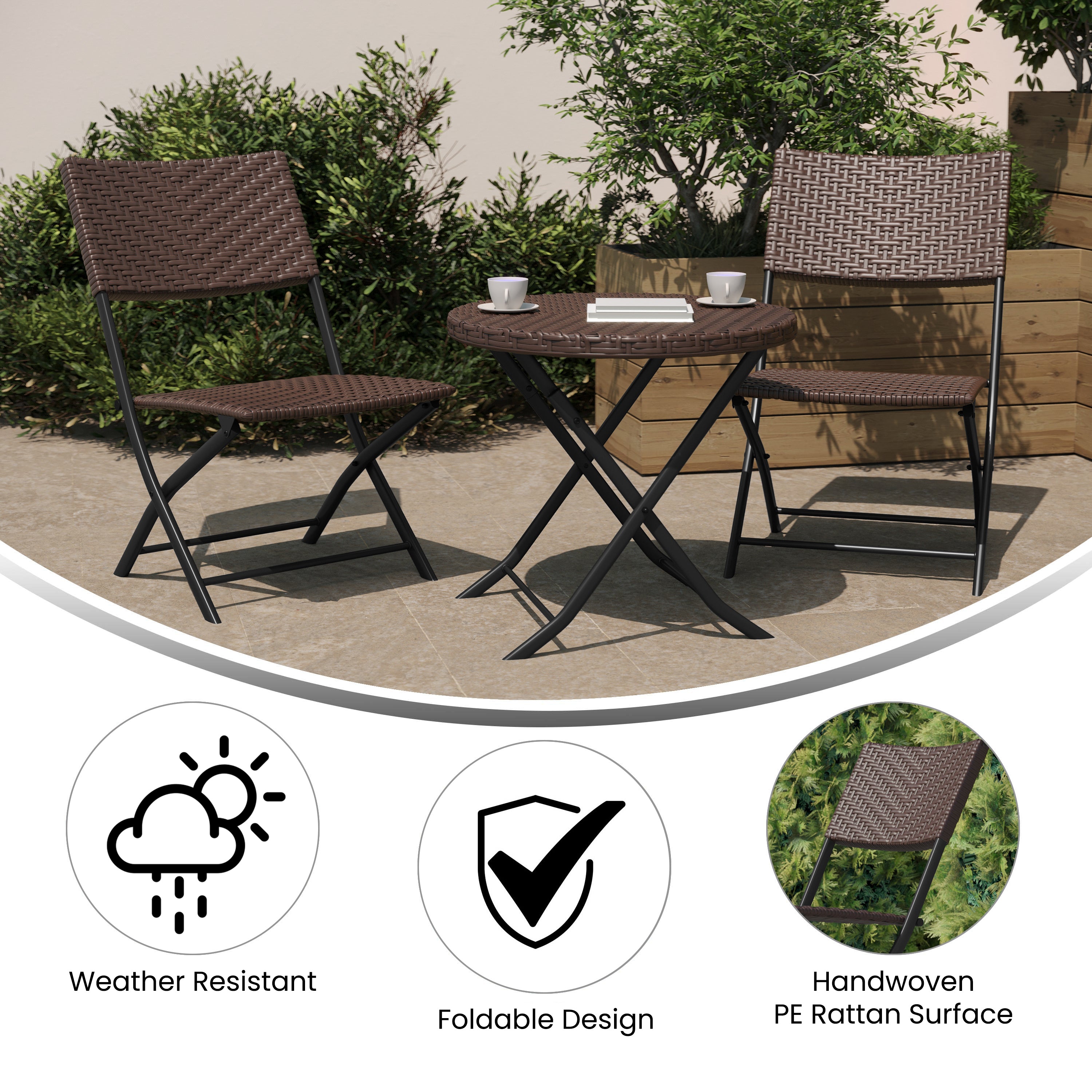 Rouen Three Piece Commercial Grade Foldable Bistro Set, Indoor/Outdoor PE Rattan Back, Seat and Table Top, Brown with Black Steel Frames