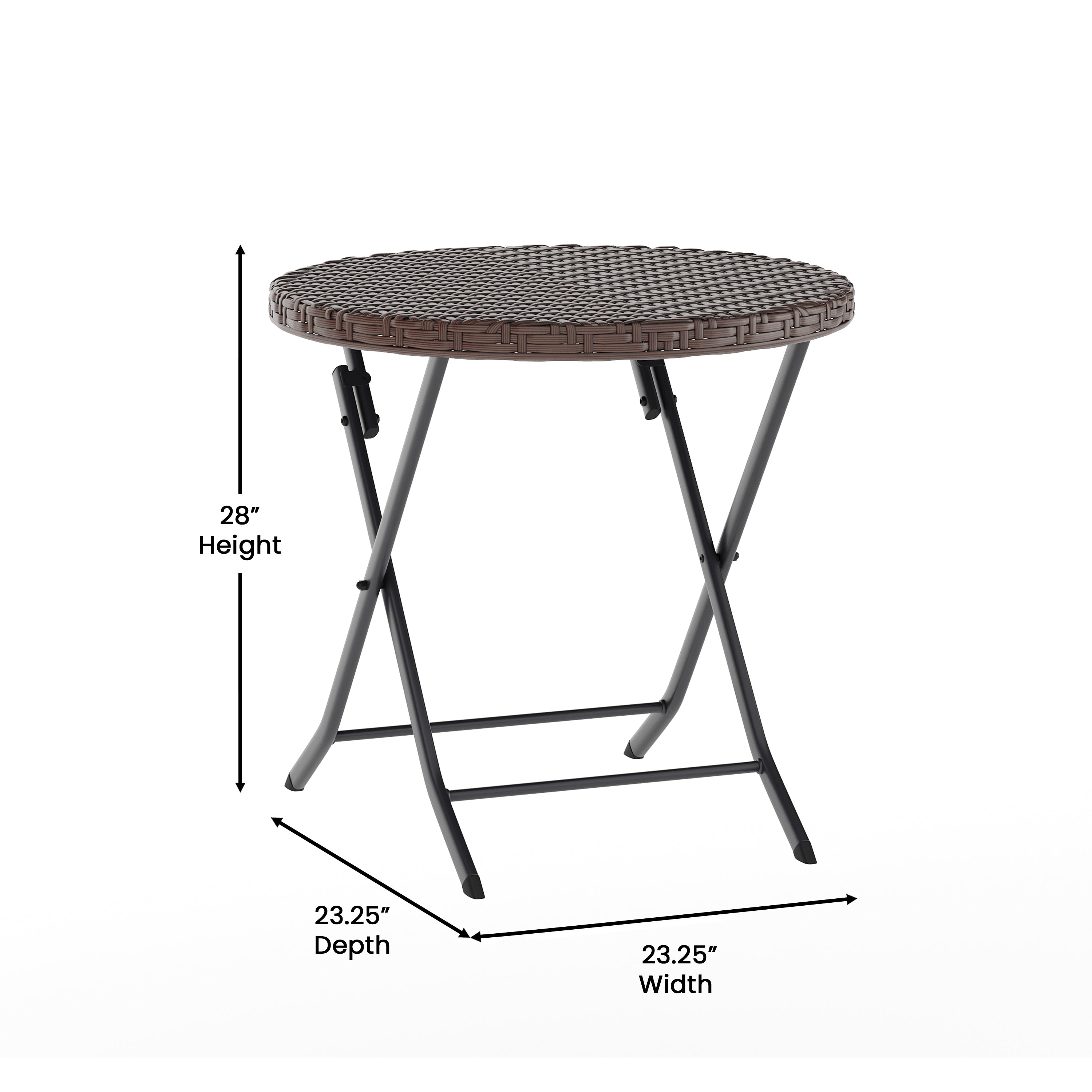Rouen Three Piece Commercial Grade Foldable Bistro Set, Indoor/Outdoor PE Rattan Back, Seat and Table Top, Brown with Black Steel Frames