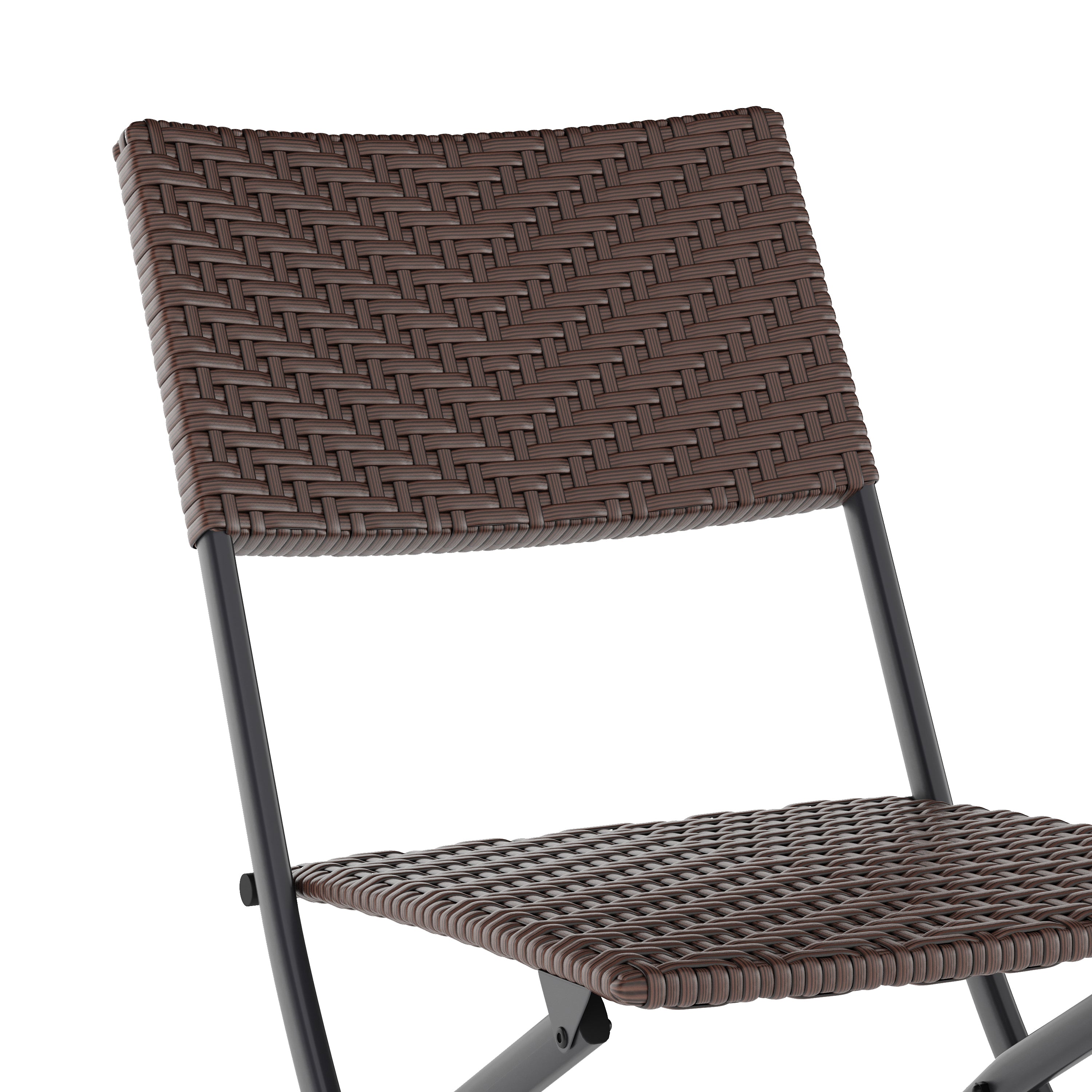 Rouen Three Piece Commercial Grade Foldable Bistro Set, Indoor/Outdoor PE Rattan Back, Seat and Table Top, Brown with Black Steel Frames