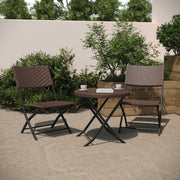 Rouen Three Piece Commercial Grade Foldable Bistro Set, Indoor/Outdoor PE Rattan Back, Seat and Table Top, Brown with Black Steel Frames