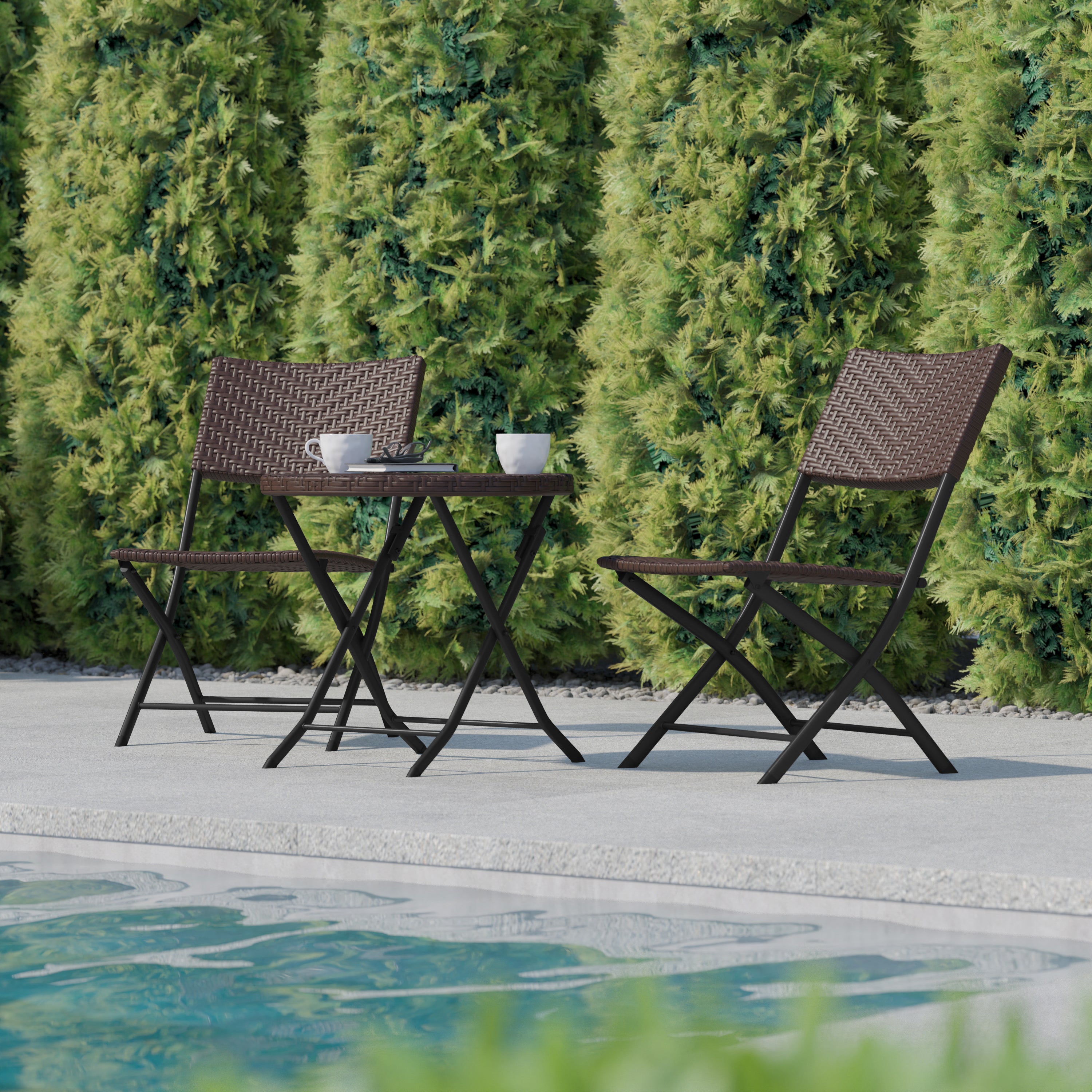 Rouen Three Piece Commercial Grade Foldable Bistro Set, Indoor/Outdoor PE Rattan Back, Seat and Table Top, Brown with Black Steel Frames