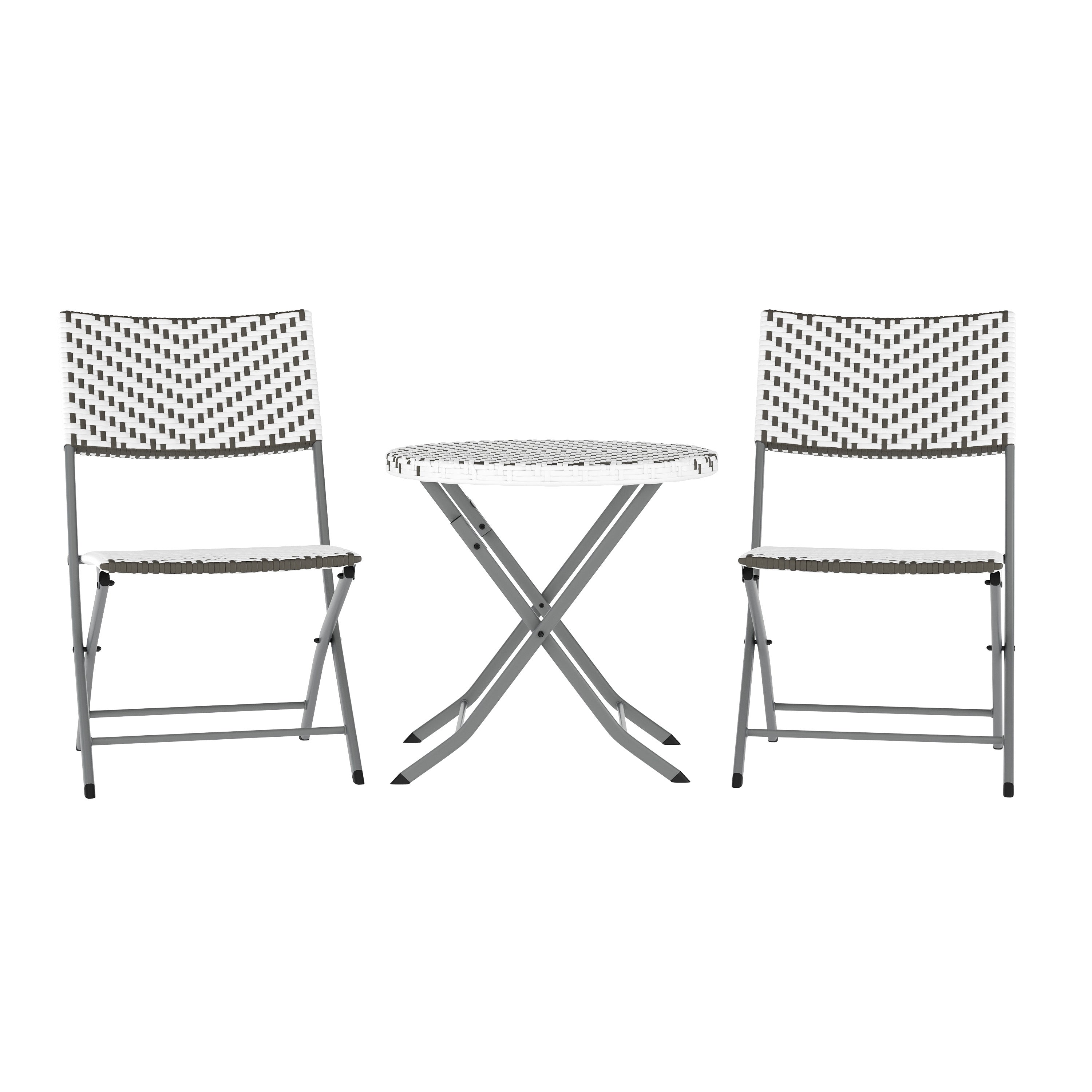 Rouen Three Piece Commercial Grade Foldable Bistro Set, Indoor/Outdoor PE Rattan Back, Seat and Table Top, Gray/White with Charcoal Steel Frame