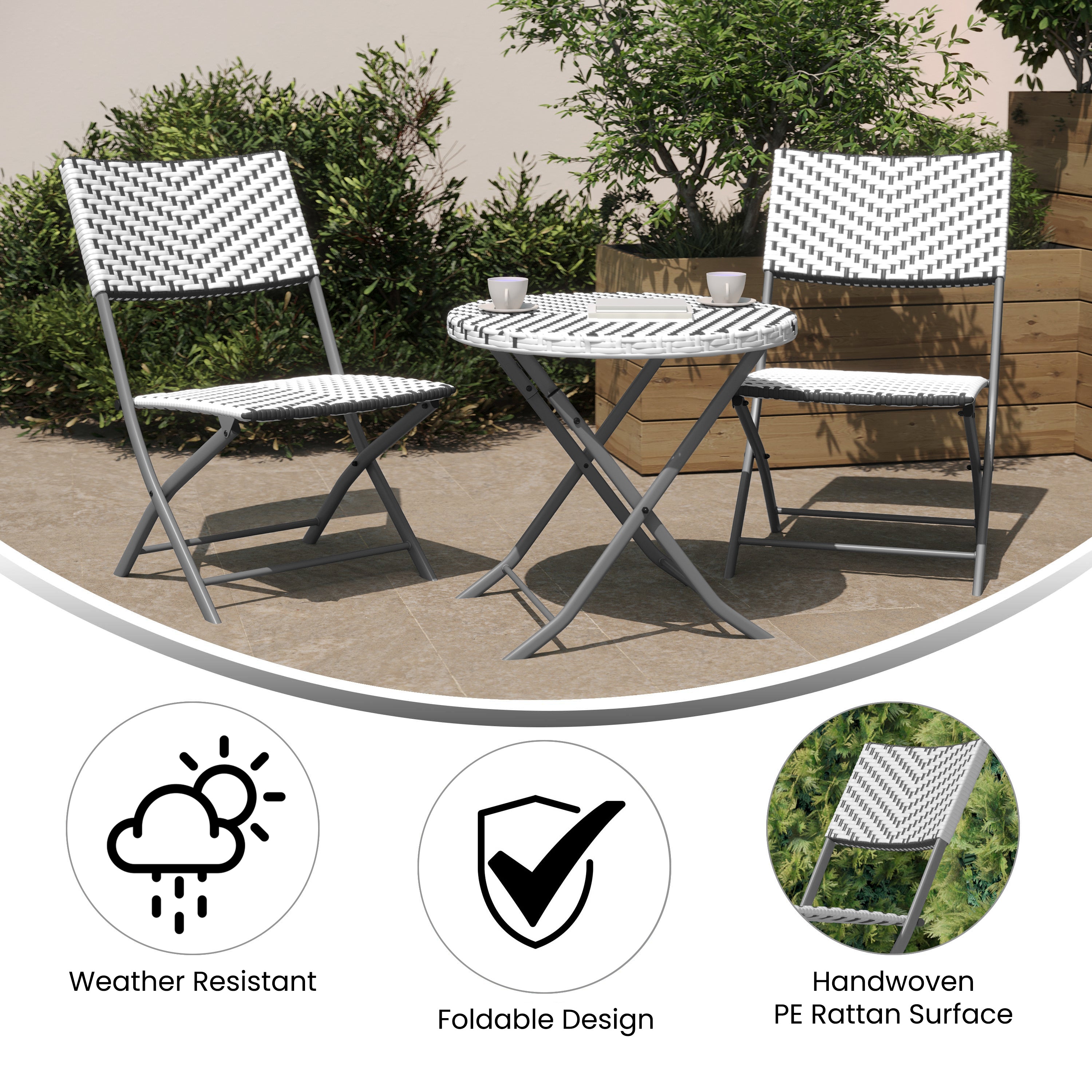 Rouen Three Piece Commercial Grade Foldable Bistro Set, Indoor/Outdoor PE Rattan Back, Seat and Table Top, Gray/White with Charcoal Steel Frame