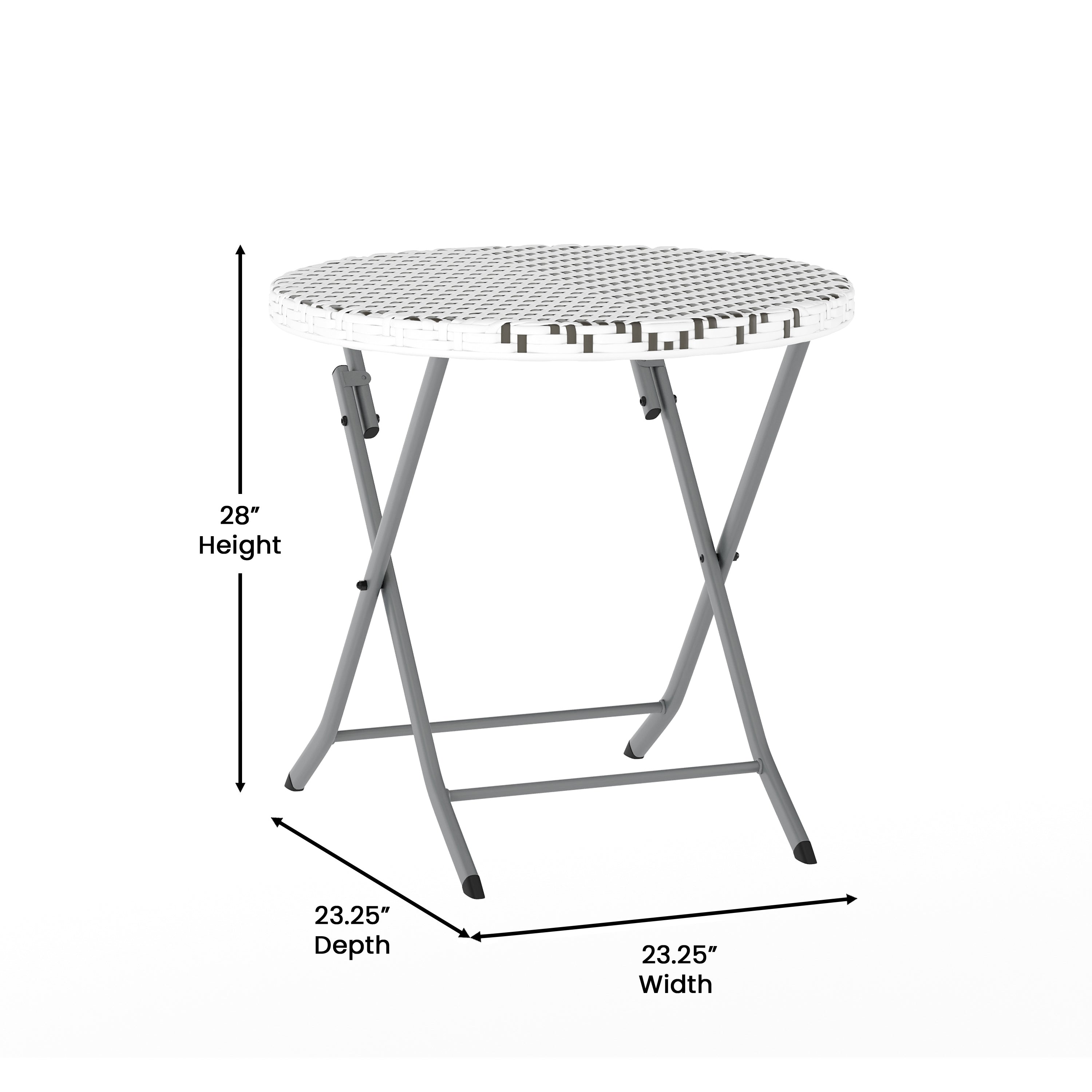 Rouen Three Piece Commercial Grade Foldable Bistro Set, Indoor/Outdoor PE Rattan Back, Seat and Table Top, Gray/White with Charcoal Steel Frame