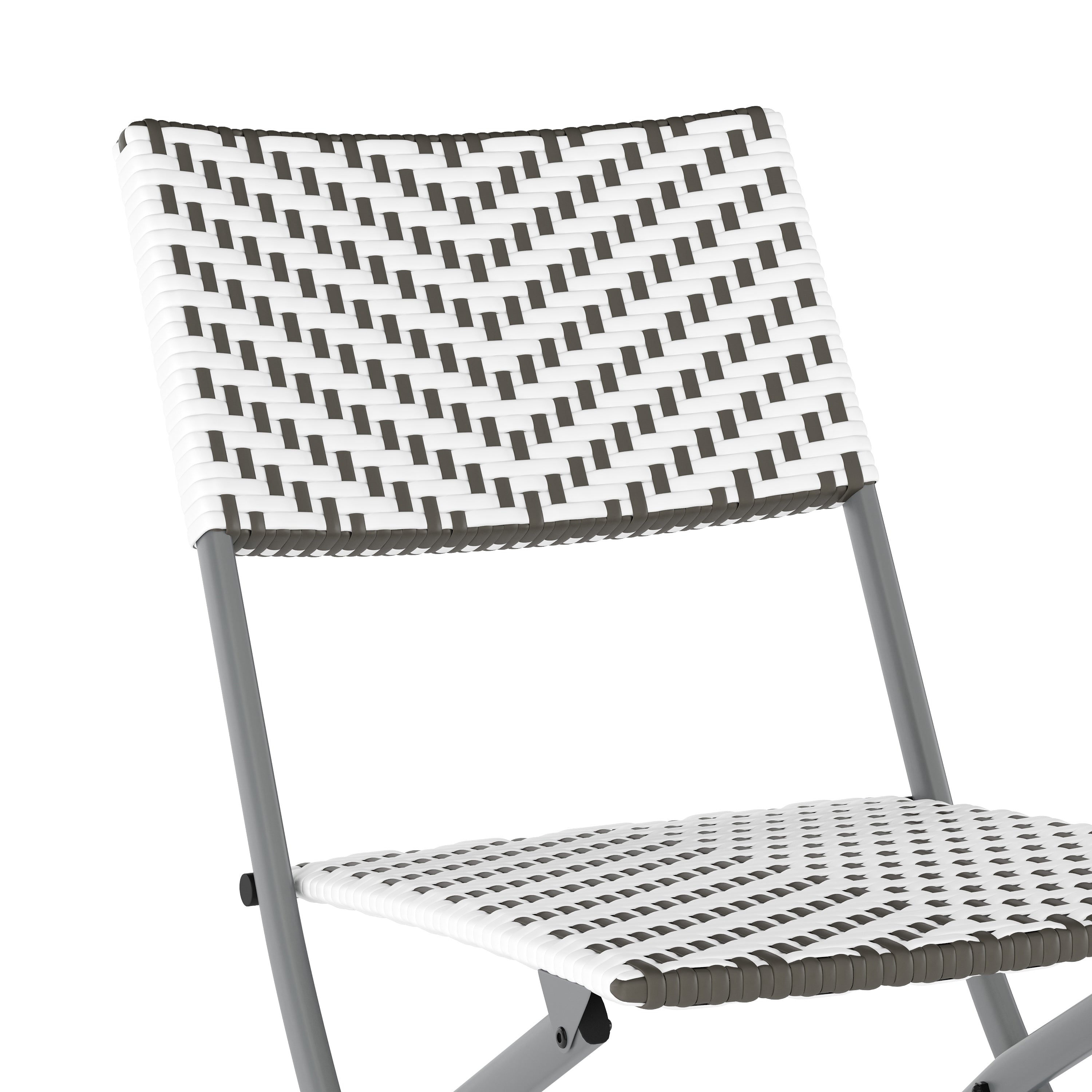 Rouen Three Piece Commercial Grade Foldable Bistro Set, Indoor/Outdoor PE Rattan Back, Seat and Table Top, Gray/White with Charcoal Steel Frame