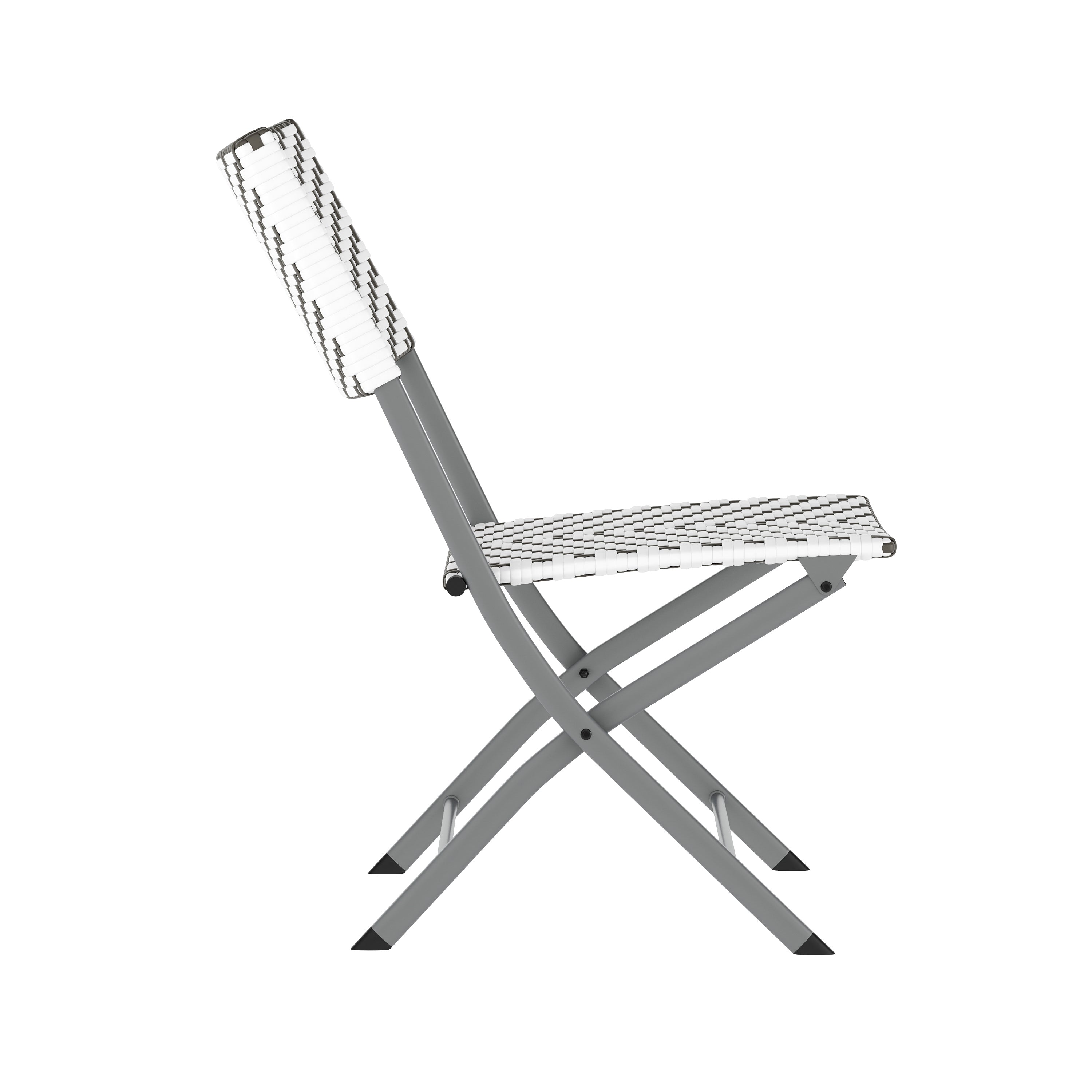 Rouen Three Piece Commercial Grade Foldable Bistro Set, Indoor/Outdoor PE Rattan Back, Seat and Table Top, Gray/White with Charcoal Steel Frame
