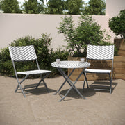 Rouen Three Piece Commercial Grade Foldable Bistro Set, Indoor/Outdoor PE Rattan Back, Seat and Table Top, Gray/White with Charcoal Steel Frame