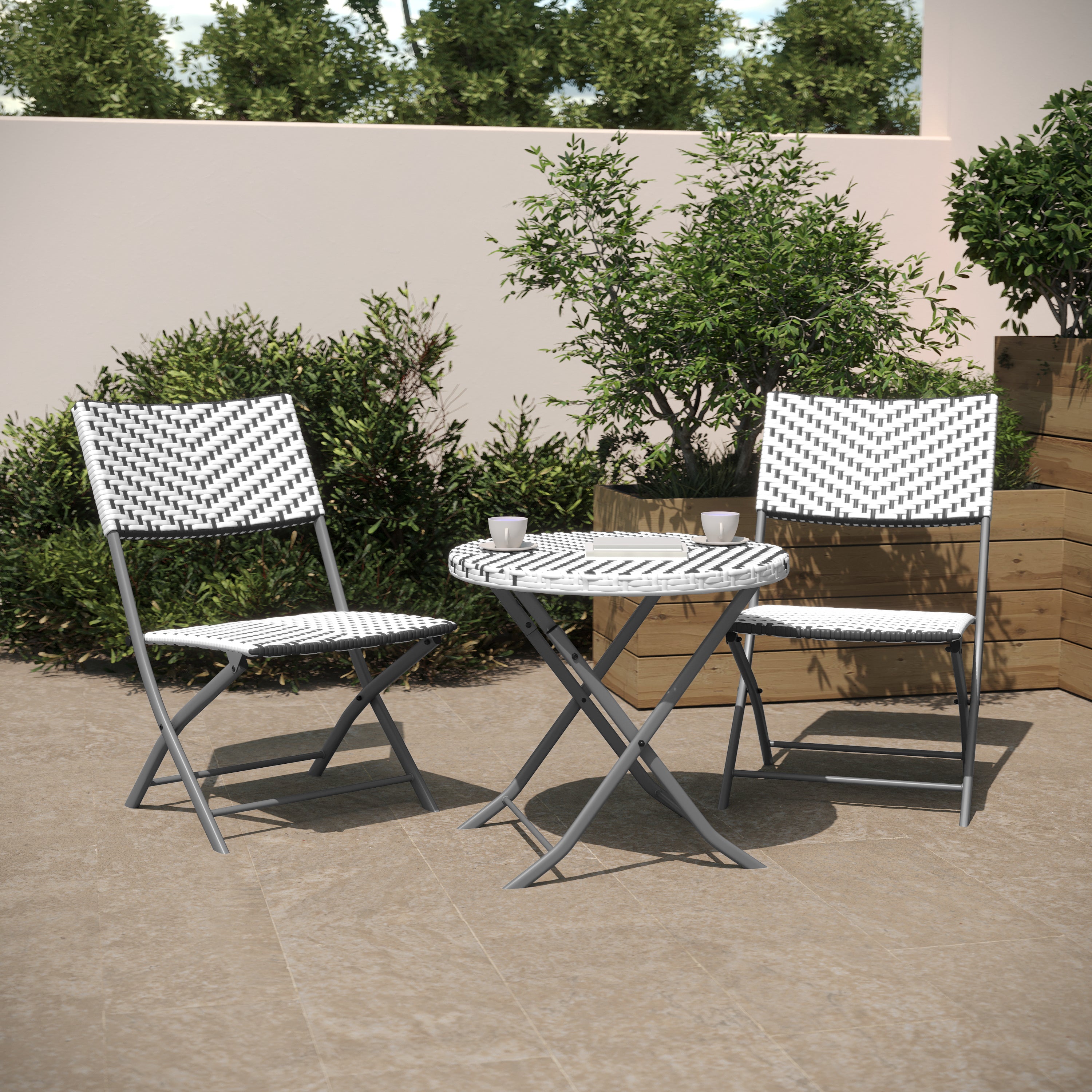 Rouen Three Piece Commercial Grade Foldable Bistro Set, Indoor/Outdoor PE Rattan Back, Seat and Table Top, Gray/White with Charcoal Steel Frame