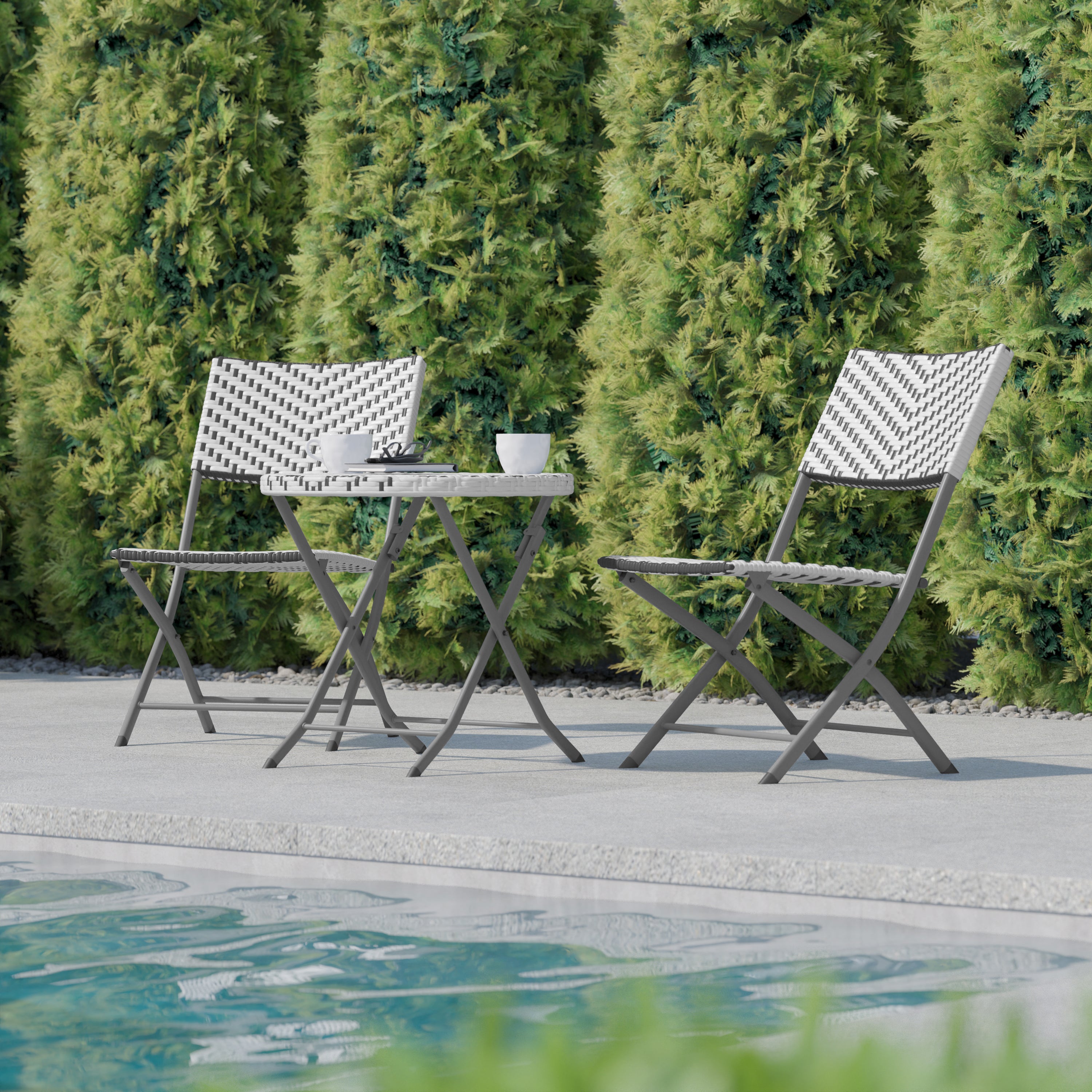 Rouen Three Piece Commercial Grade Foldable Bistro Set, Indoor/Outdoor PE Rattan Back, Seat and Table Top, Gray/White with Charcoal Steel Frame
