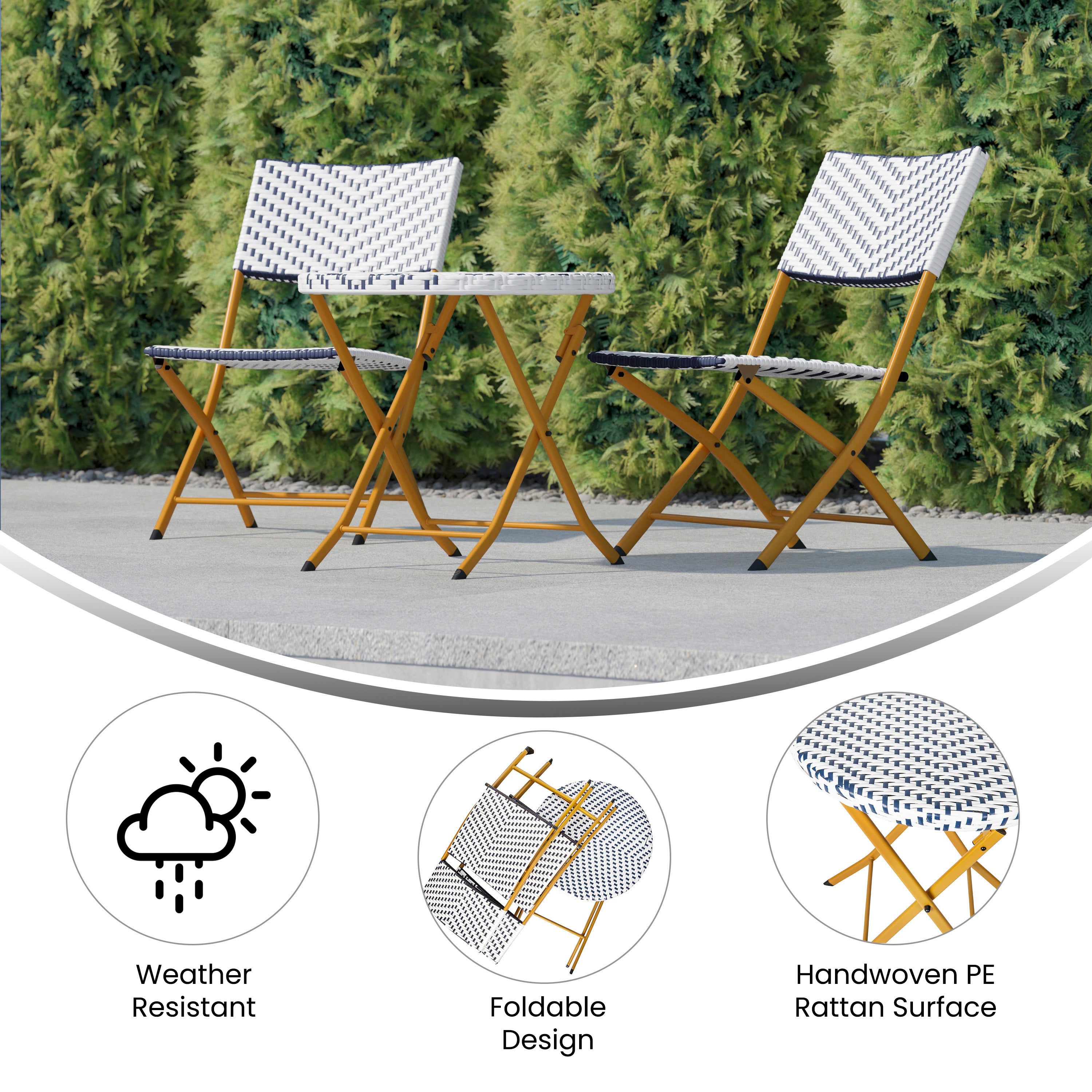 Rouen Three Piece Commercial Grade Foldable Bistro Set, Indoor/Outdoor PE Rattan Back, Seat and Table Top, Navy/White with Natural Steel Frames