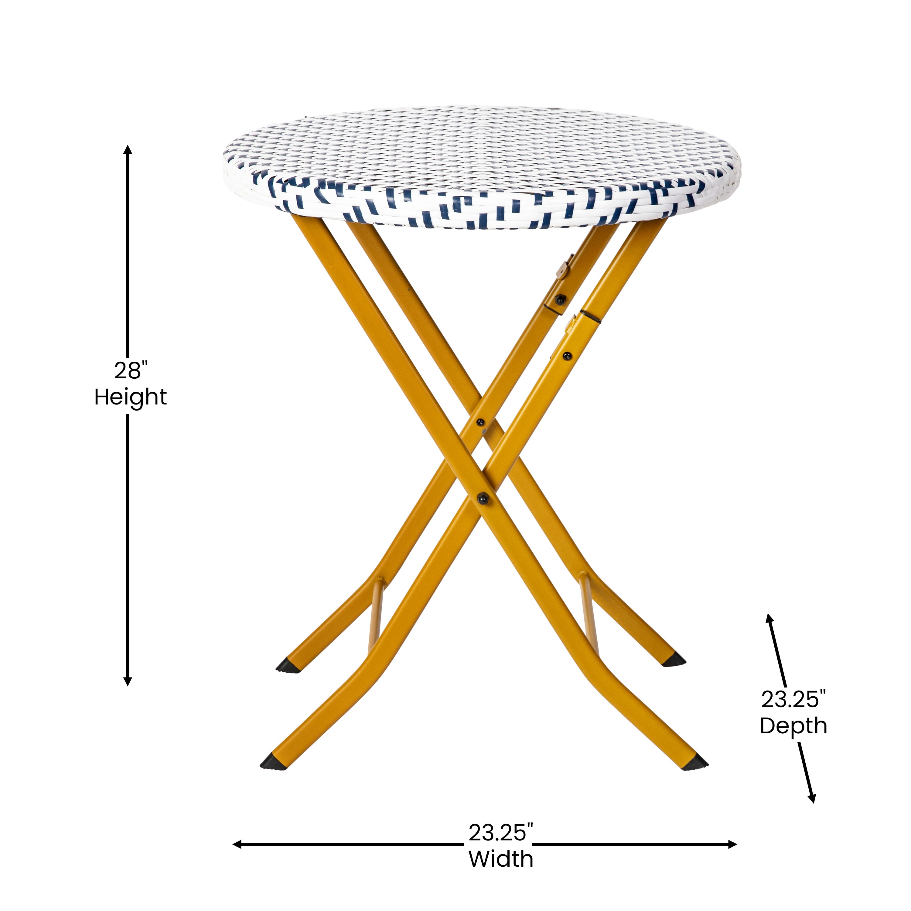 Rouen Three Piece Commercial Grade Foldable Bistro Set, Indoor/Outdoor PE Rattan Back, Seat and Table Top, Navy/White with Natural Steel Frames