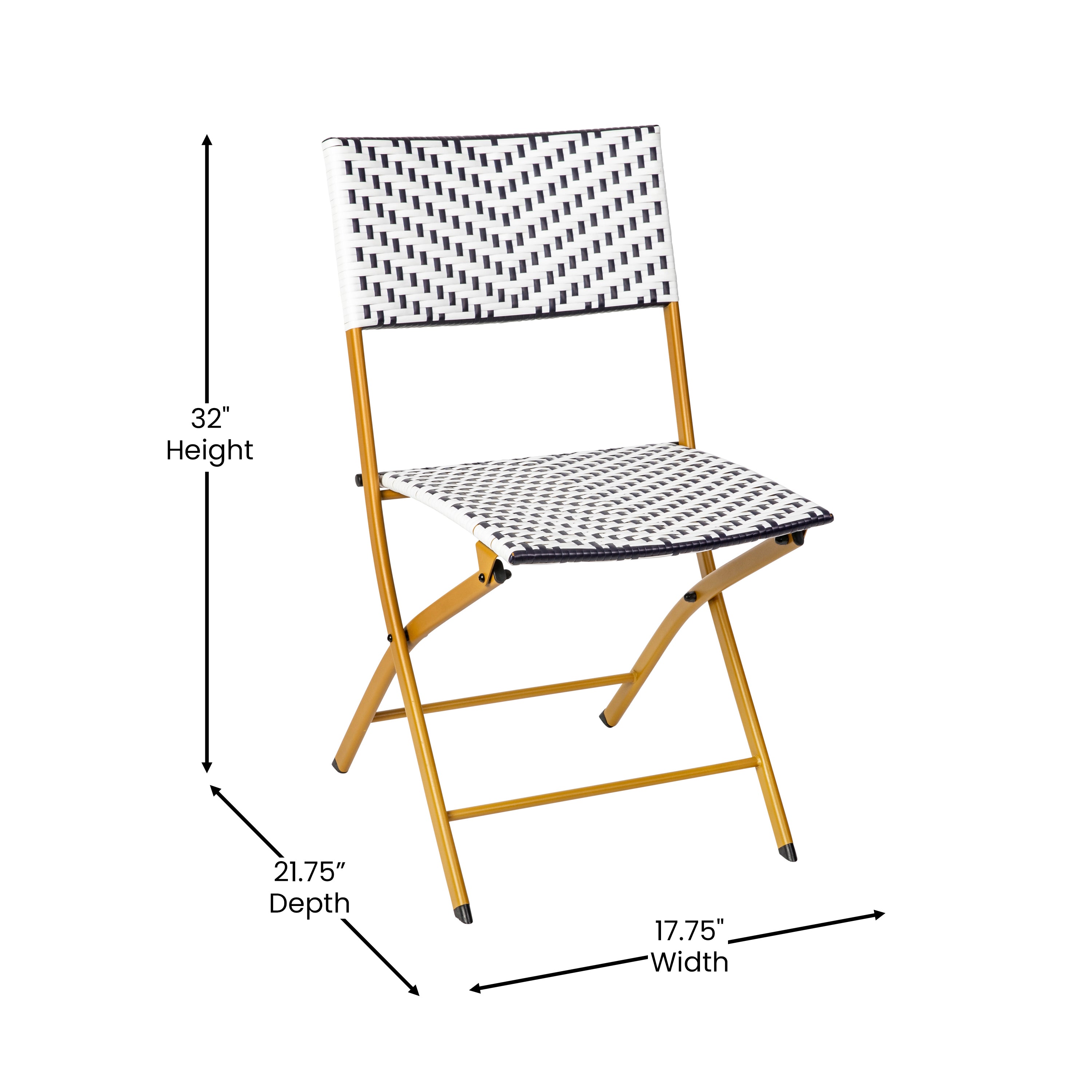 Rouen Three Piece Commercial Grade Foldable Bistro Set, Indoor/Outdoor PE Rattan Back, Seat and Table Top, Navy/White with Natural Steel Frames