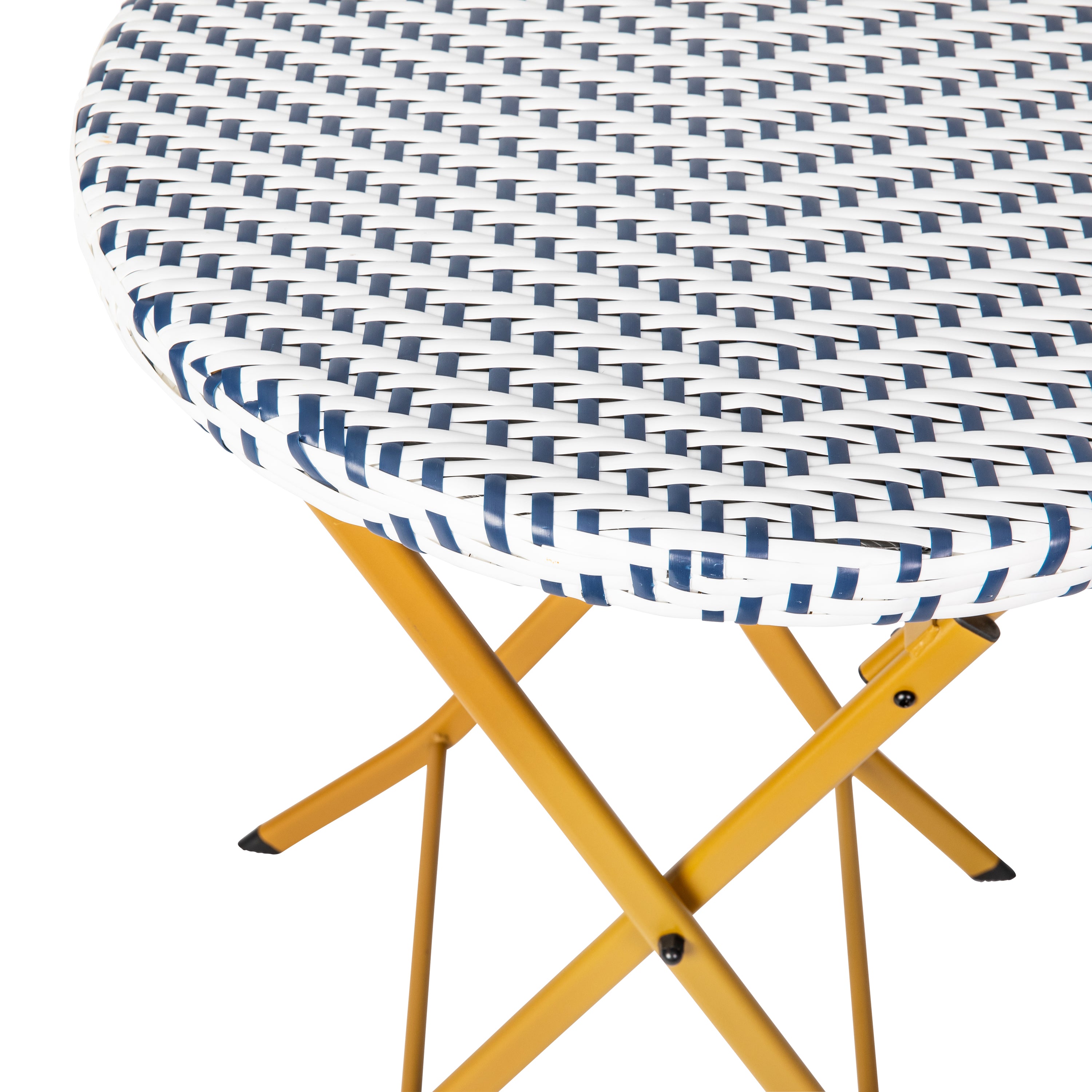 Rouen Three Piece Commercial Grade Foldable Bistro Set, Indoor/Outdoor PE Rattan Back, Seat and Table Top, Navy/White with Natural Steel Frames