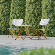Rouen Three Piece Commercial Grade Foldable Bistro Set, Indoor/Outdoor PE Rattan Back, Seat and Table Top, Navy/White with Natural Steel Frames