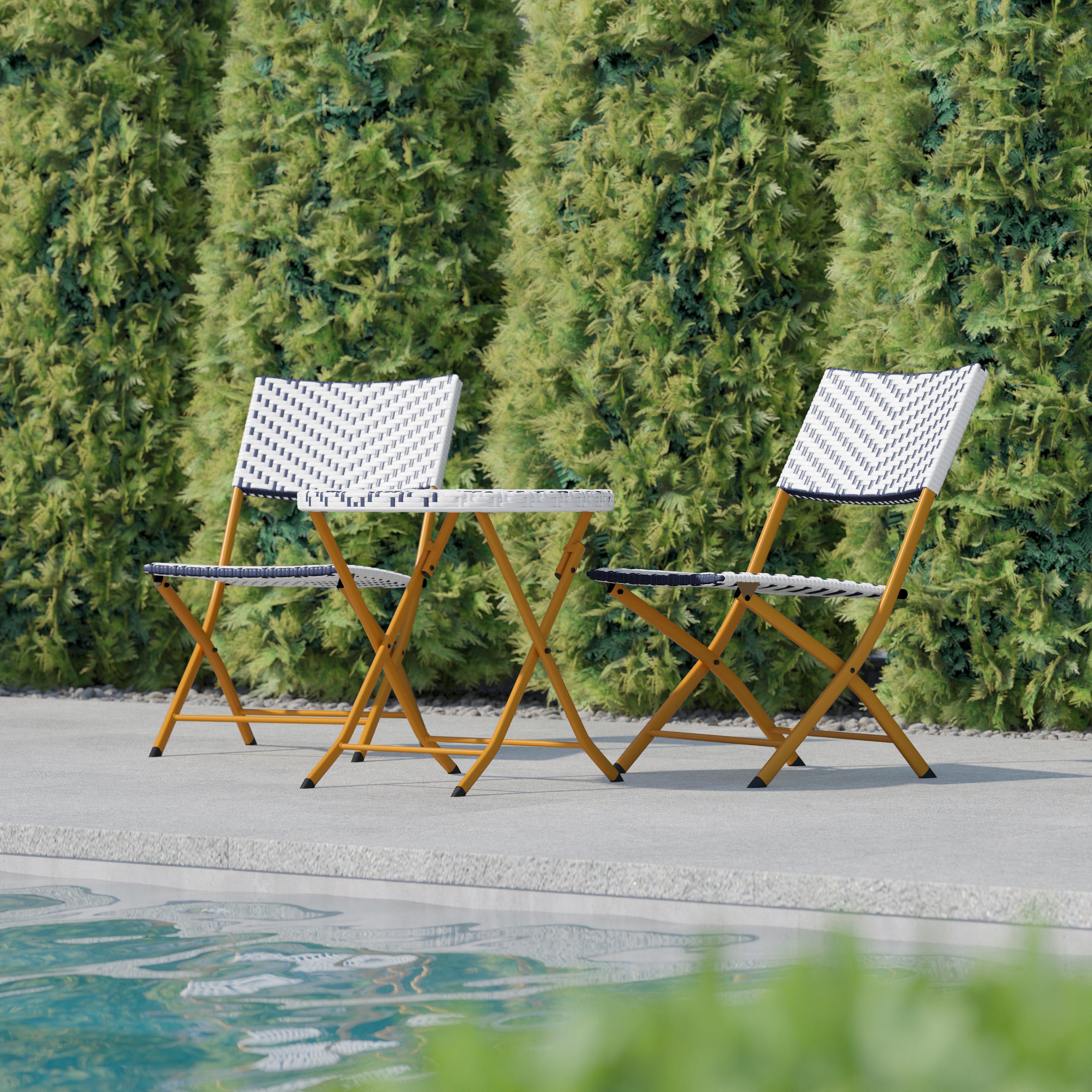 Rouen Three Piece Commercial Grade Foldable Bistro Set, Indoor/Outdoor PE Rattan Back, Seat and Table Top, Navy/White with Natural Steel Frames