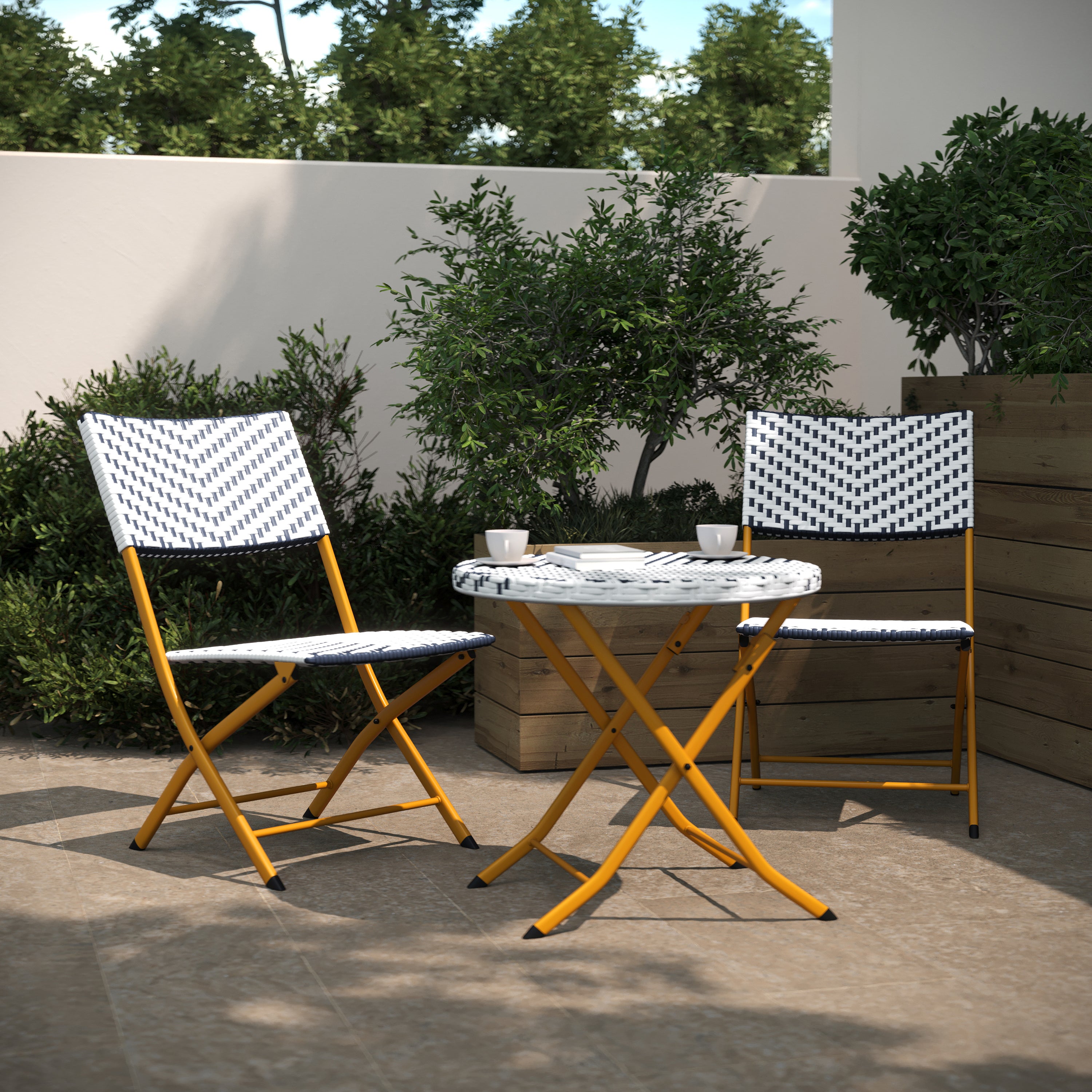 Rouen Three Piece Commercial Grade Foldable Bistro Set, Indoor/Outdoor PE Rattan Back, Seat and Table Top, Navy/White with Natural Steel Frames