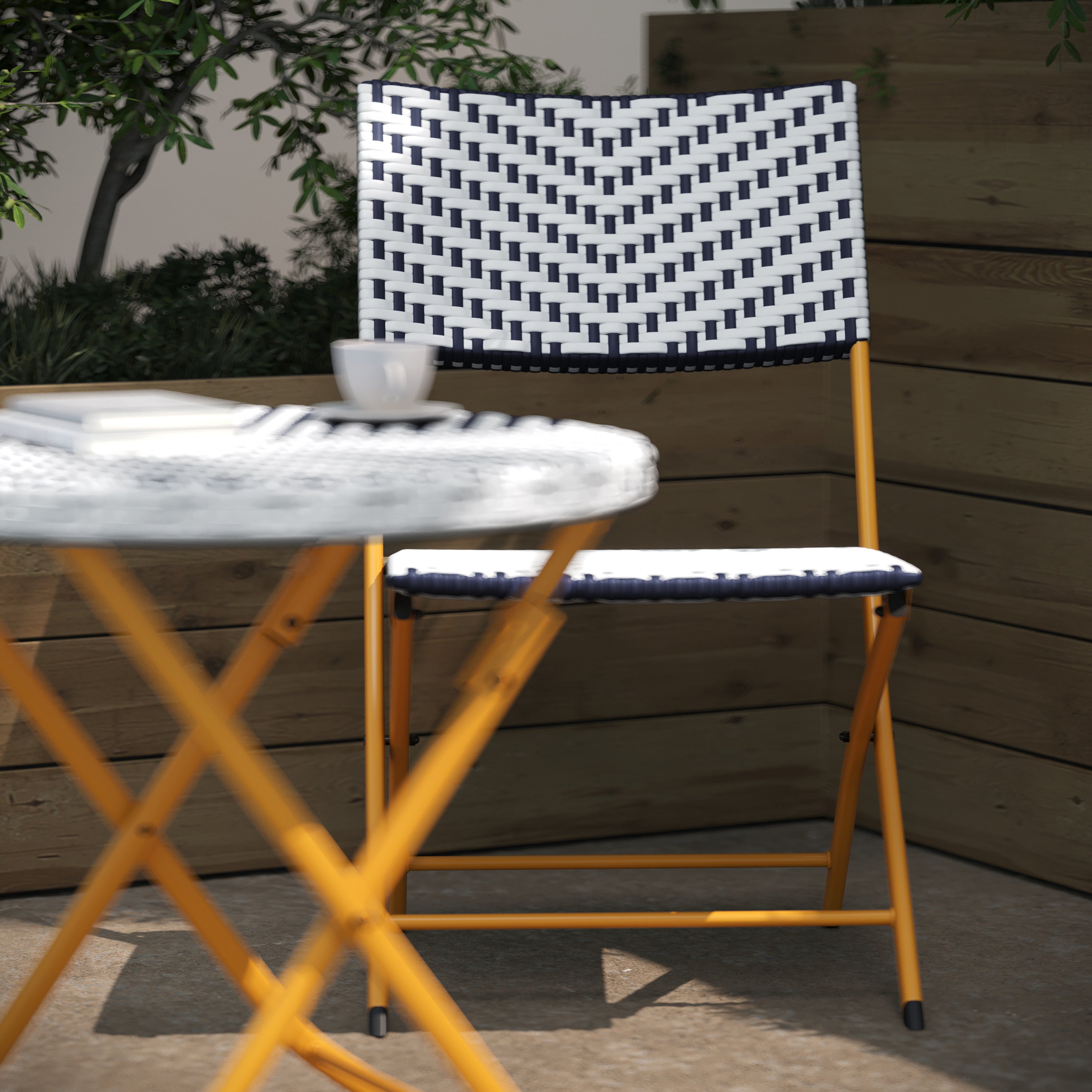 Rouen Three Piece Commercial Grade Foldable Bistro Set, Indoor/Outdoor PE Rattan Back, Seat and Table Top, Navy/White with Natural Steel Frames