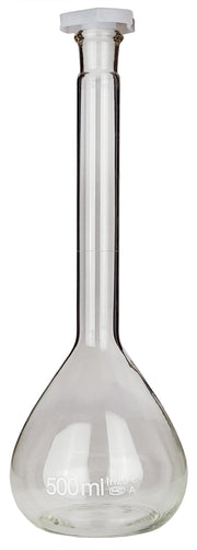 Flask Volumetric, Borosilicate Glass 500ml, Plastic Stopper.