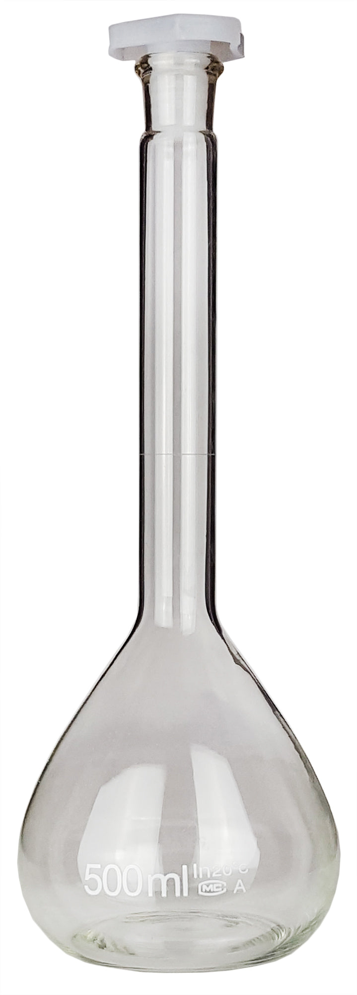 Flask Volumetric, Borosilicate Glass 500ml, Plastic Stopper.