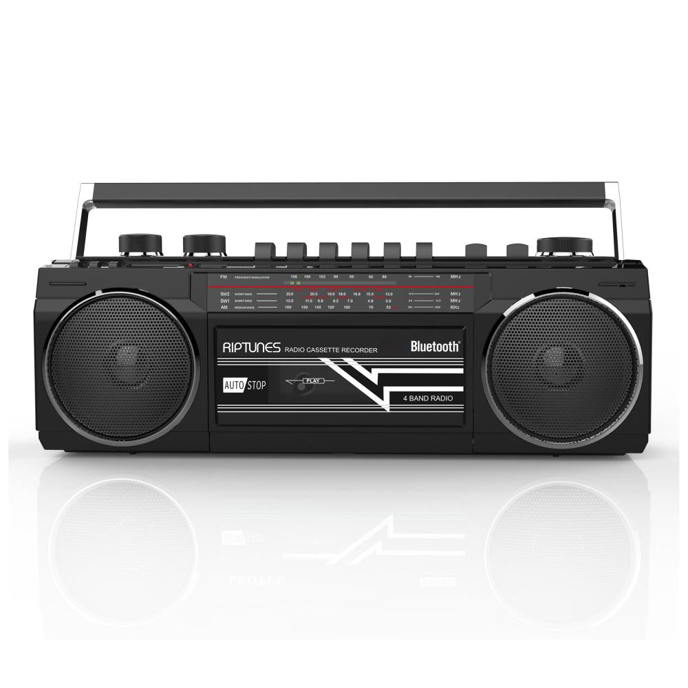 Riptunes Retro AM/FM/SW Radio + Cassette Boombox with Bluetooth and USB/SDHC Playback, Black