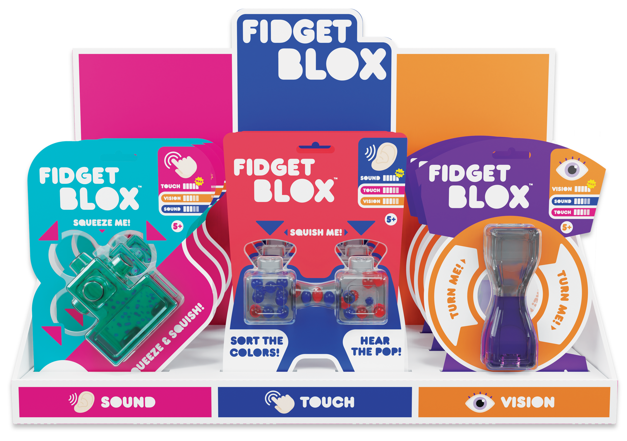 Fidget Blox - S2 Assortment CDU (6pcs)  contains 1 Blue & Red, 1 Blue & Yellow, 1 Vision - Blue, 1 Touch - Teal, 1 Spinner- Blue, 1 Spinner- Purple
