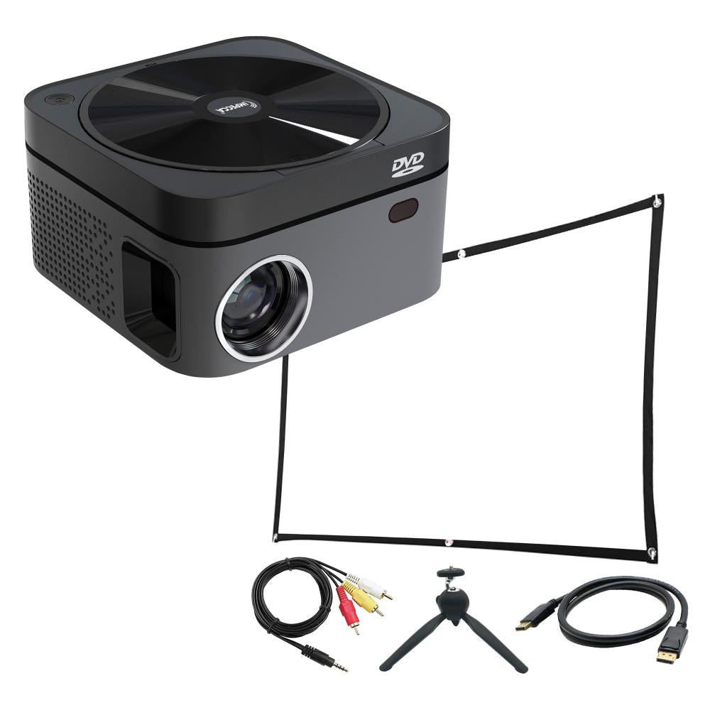 Impecca Impecca Portable Home Theater Projector with Built-in DVD, 110 ANSI Lumens, 720P, up to 120” (VP222K) with Accessory Kit