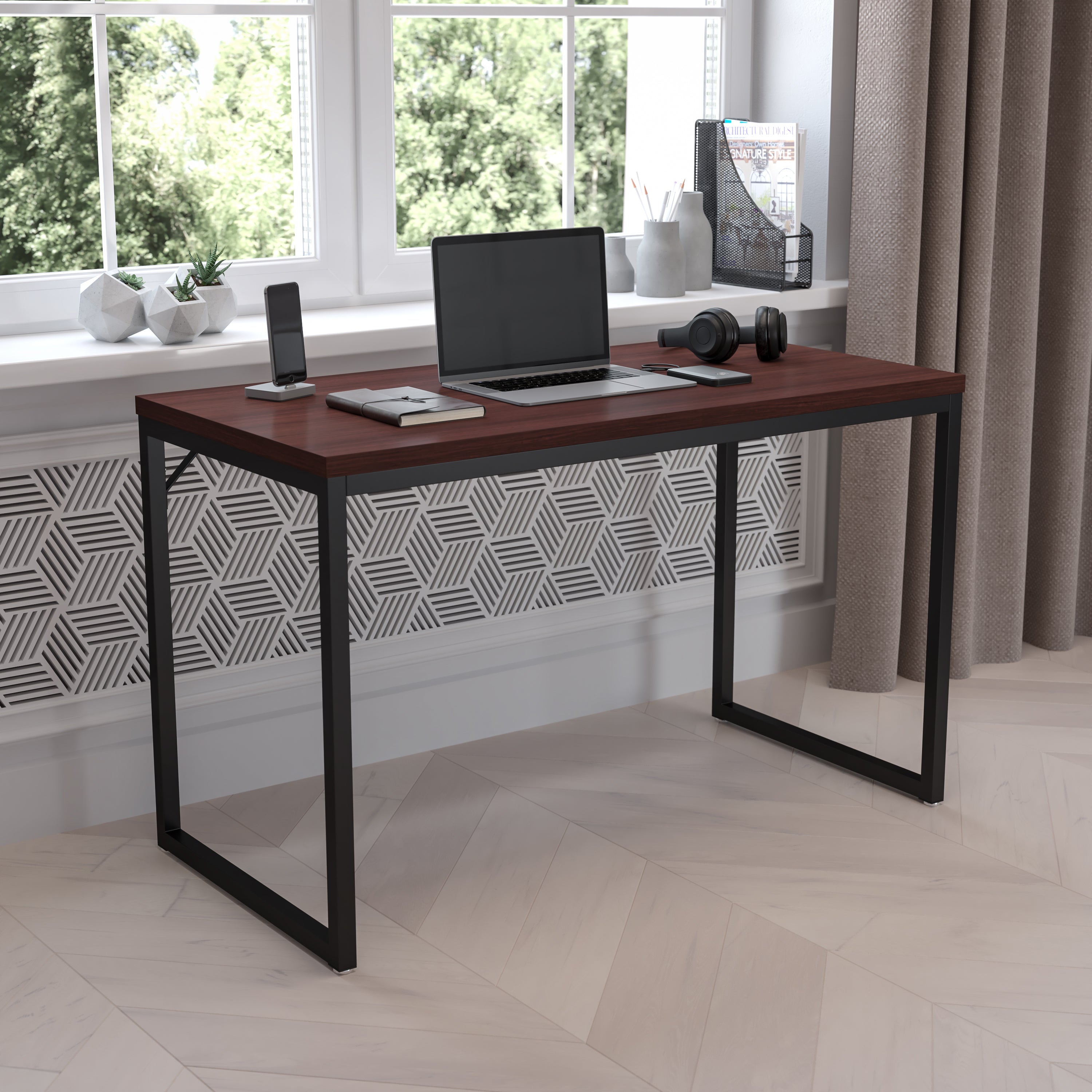 Tiverton Industrial Modern Desk - Commercial Grade Office Computer Desk and Home Office Desk - 47" Long (Mahogany/Black)