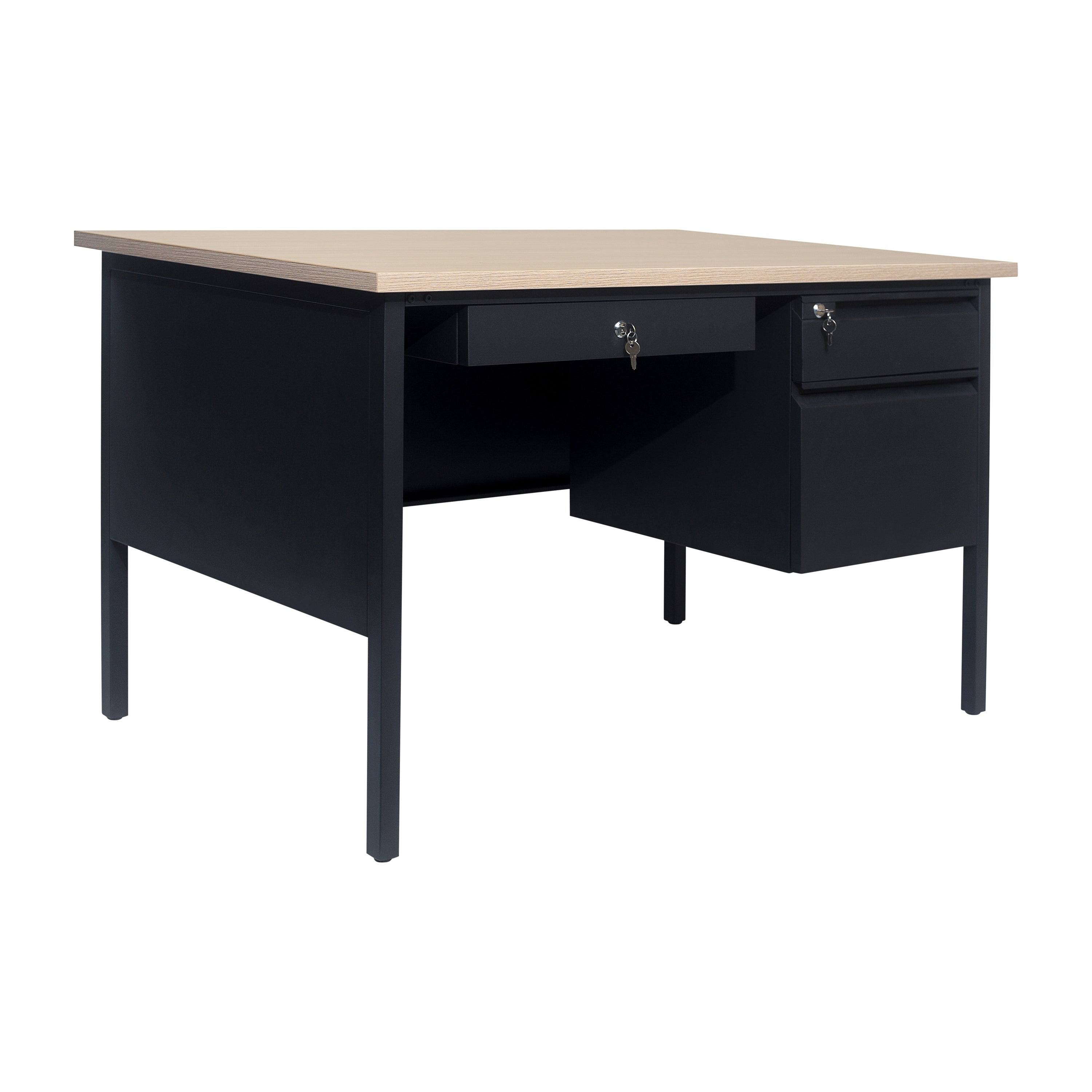 Cambridge Commercial Grade 30x48 Right Side Single Pedestal Desk with 3 Locking Drawers, White Oak Top and Black Frame