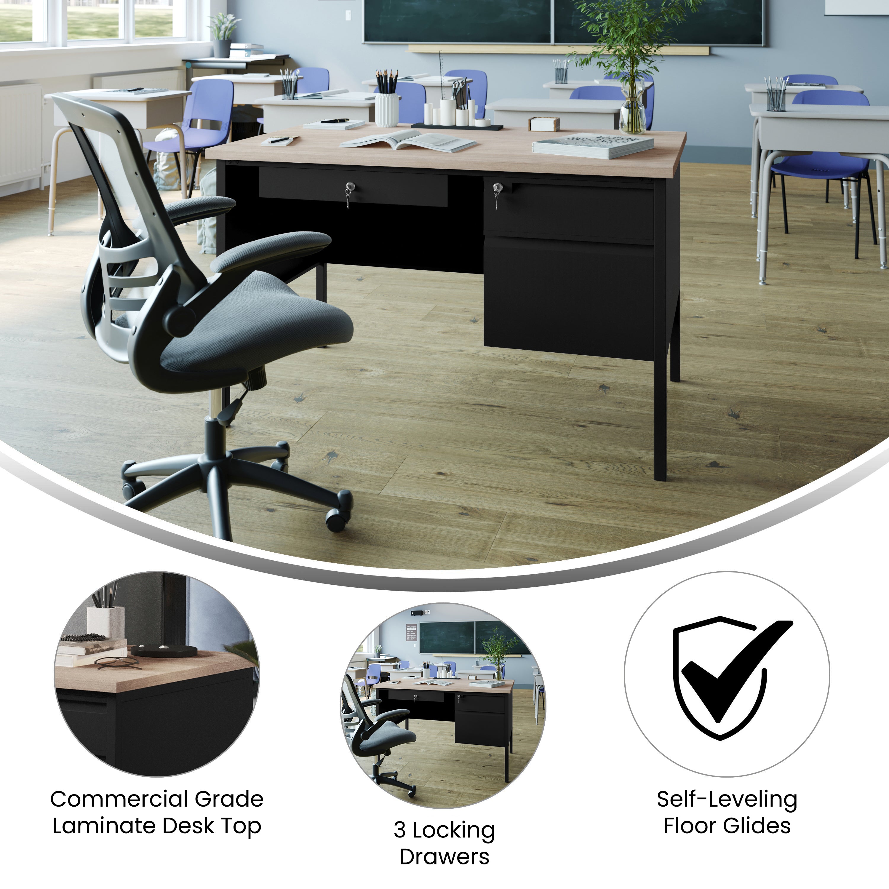 Cambridge Commercial Grade 30x48 Right Side Single Pedestal Desk with 3 Locking Drawers, White Oak Top and Black Frame